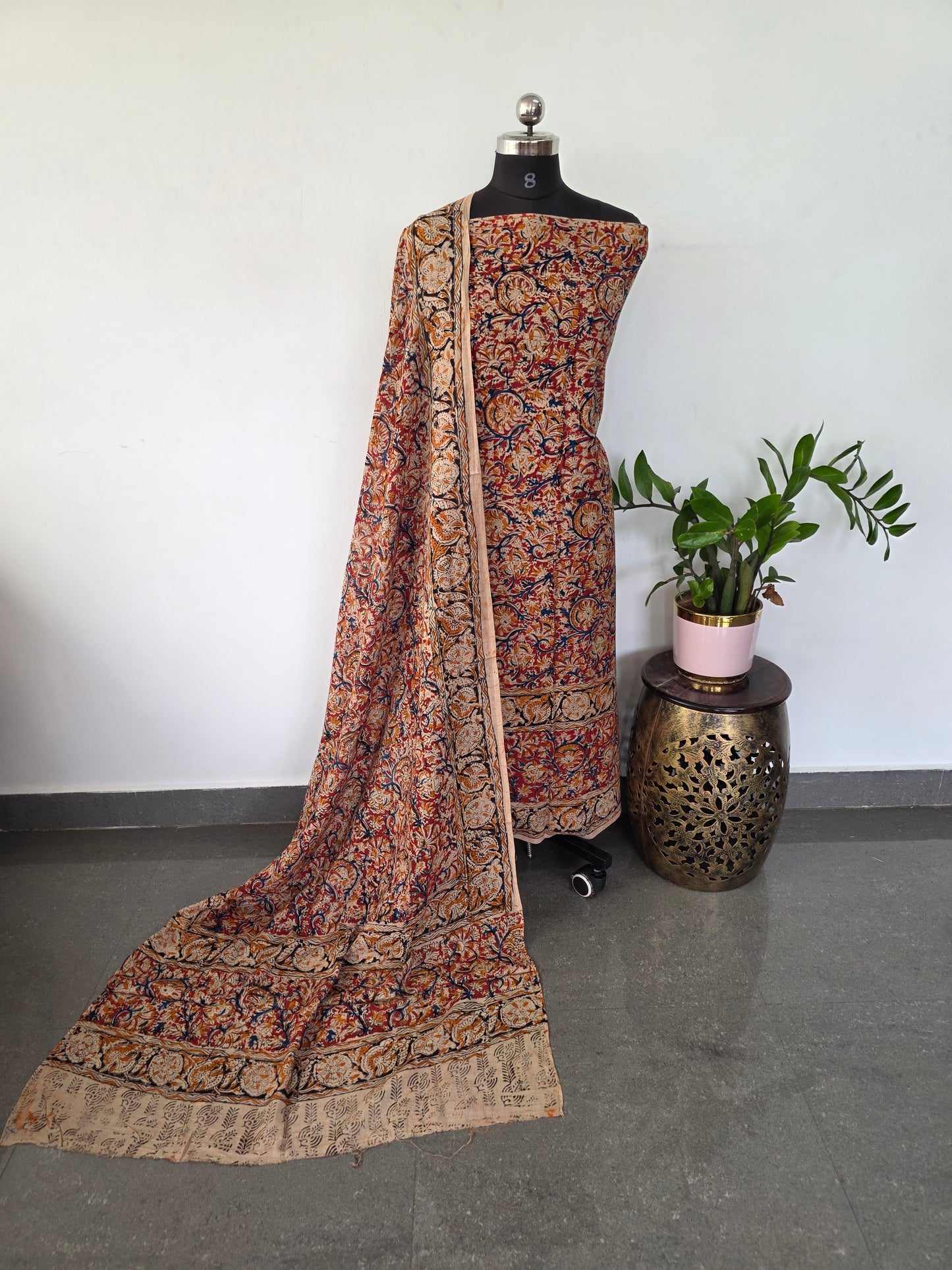 Handblock pure kalamkari cotton with border ( 2 pc set )- AK176