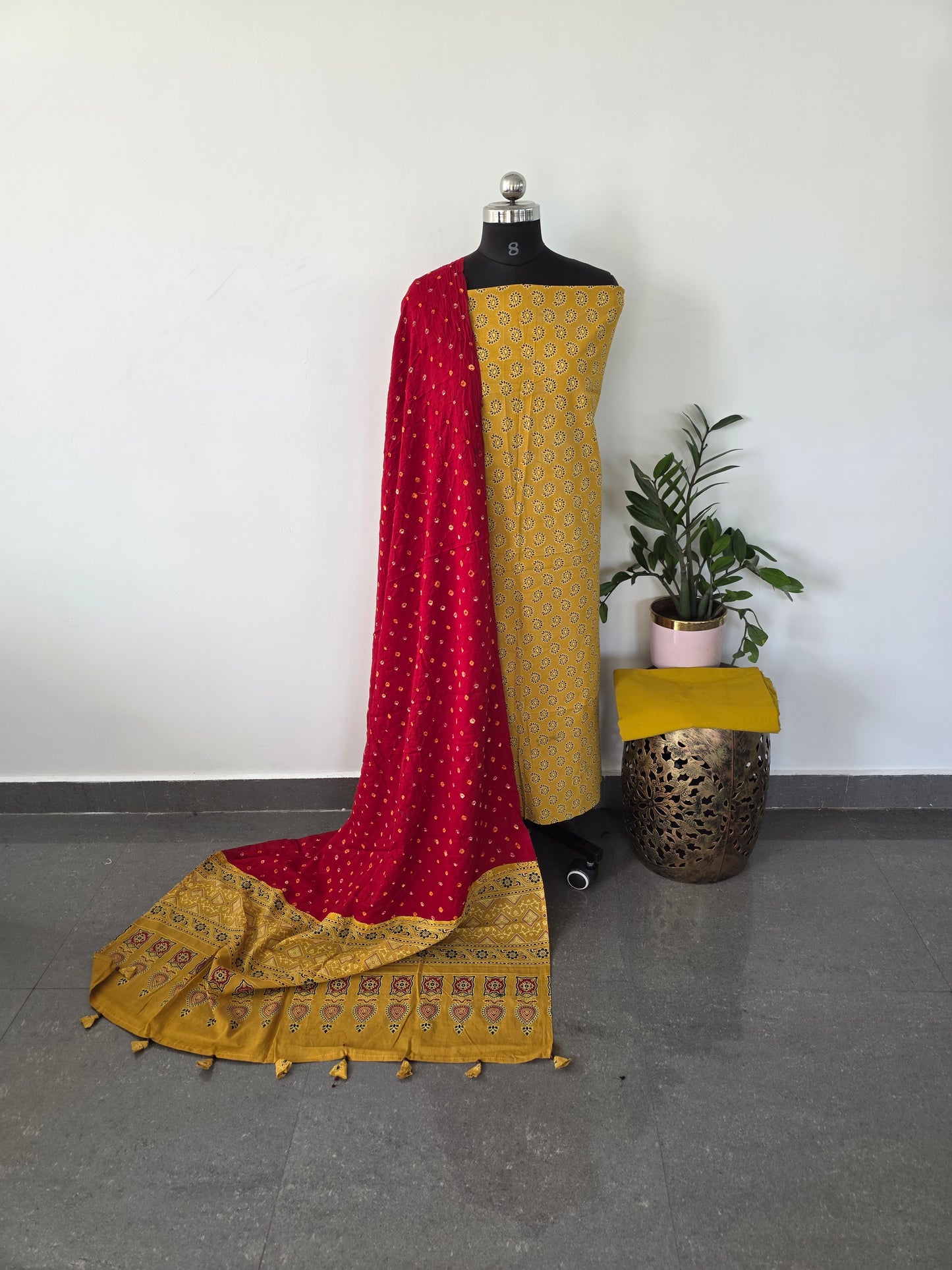 Premium ajrakh cotton top with pure bandhani cotton shawl - AB13