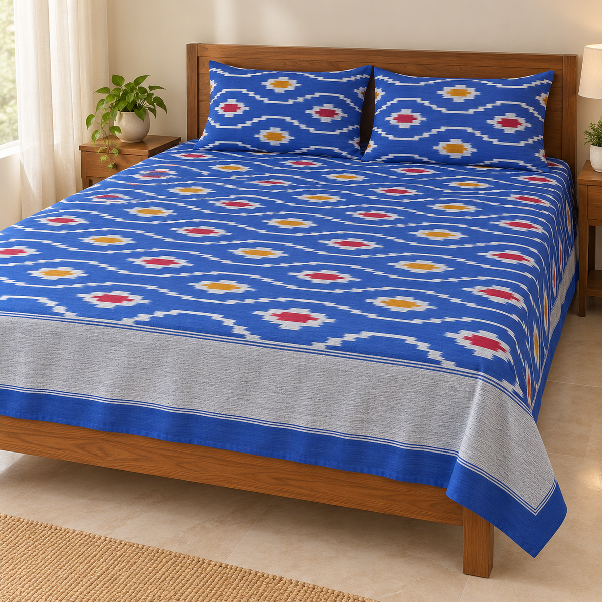 Warp ikkat bed sheets (90*108 2/40s bedsheet with pillow) -WW655