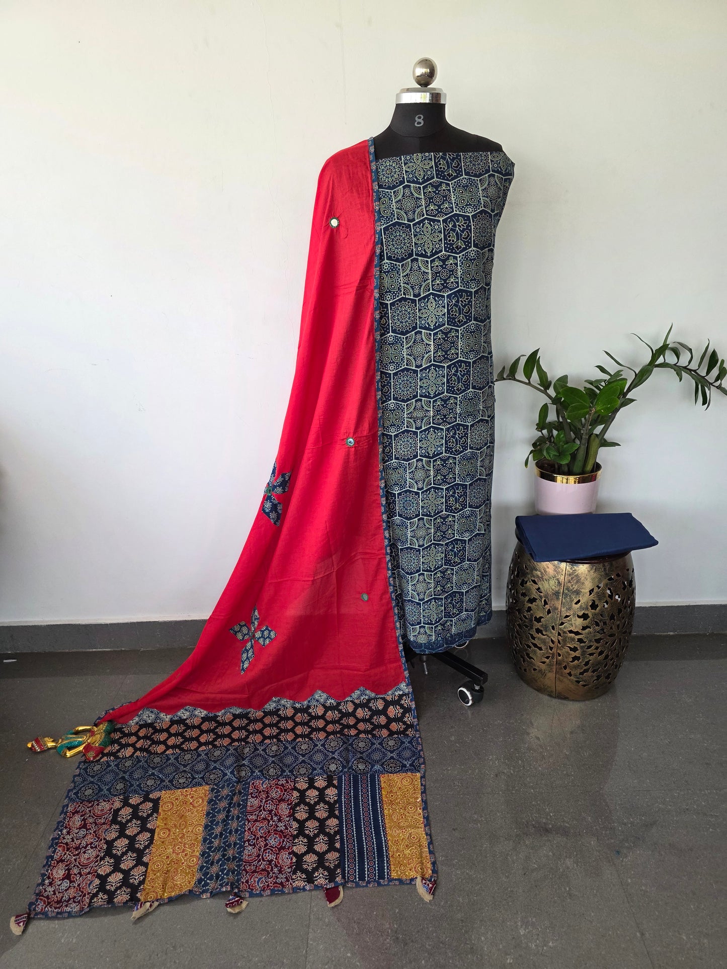 Handcrafted ajrakh cotton top with applique cotton shawl - BAA56