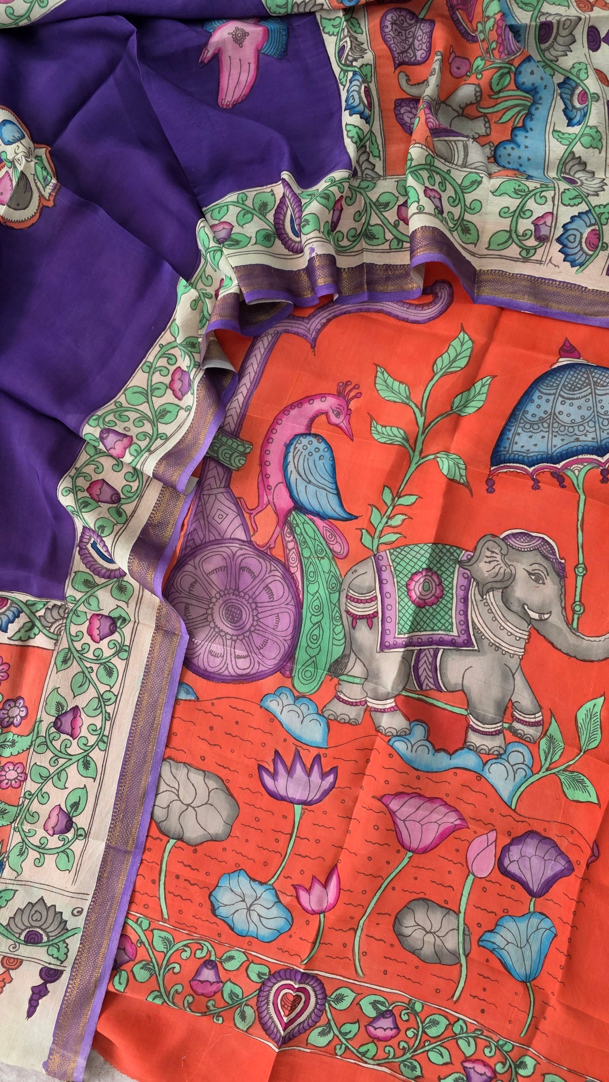 Kalahasthi Handcrafted Penkalamkari bangalore silk set -KH251