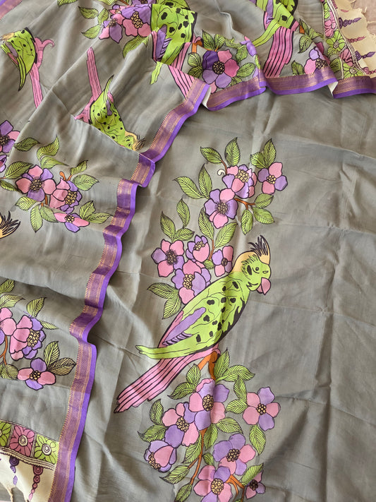 Handcrafted Kalahasthi Penkalamkari bangalore silk set- HP21