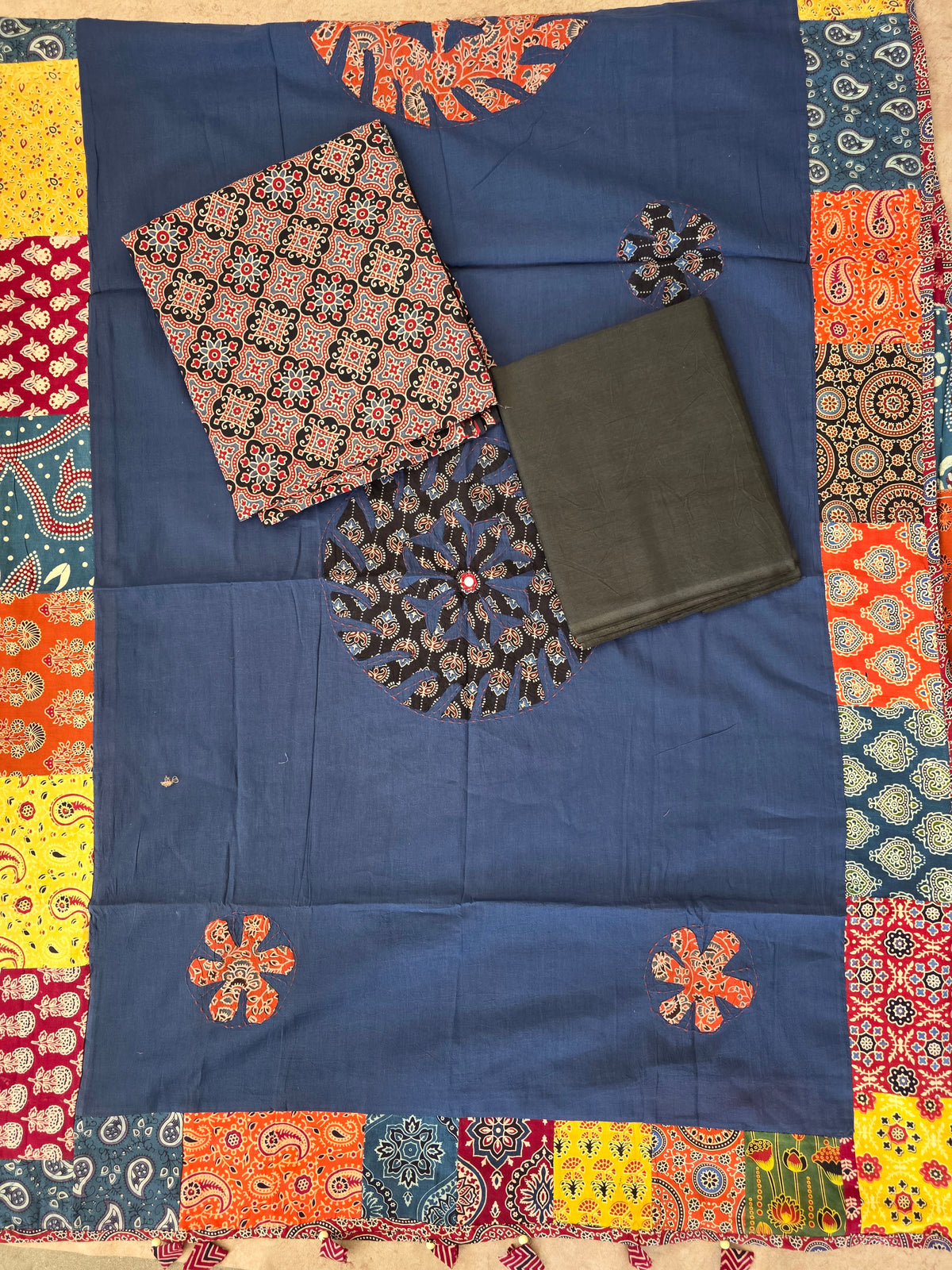 Handcrafted ajrakh cotton top with applique cotton shawl - BAA40
