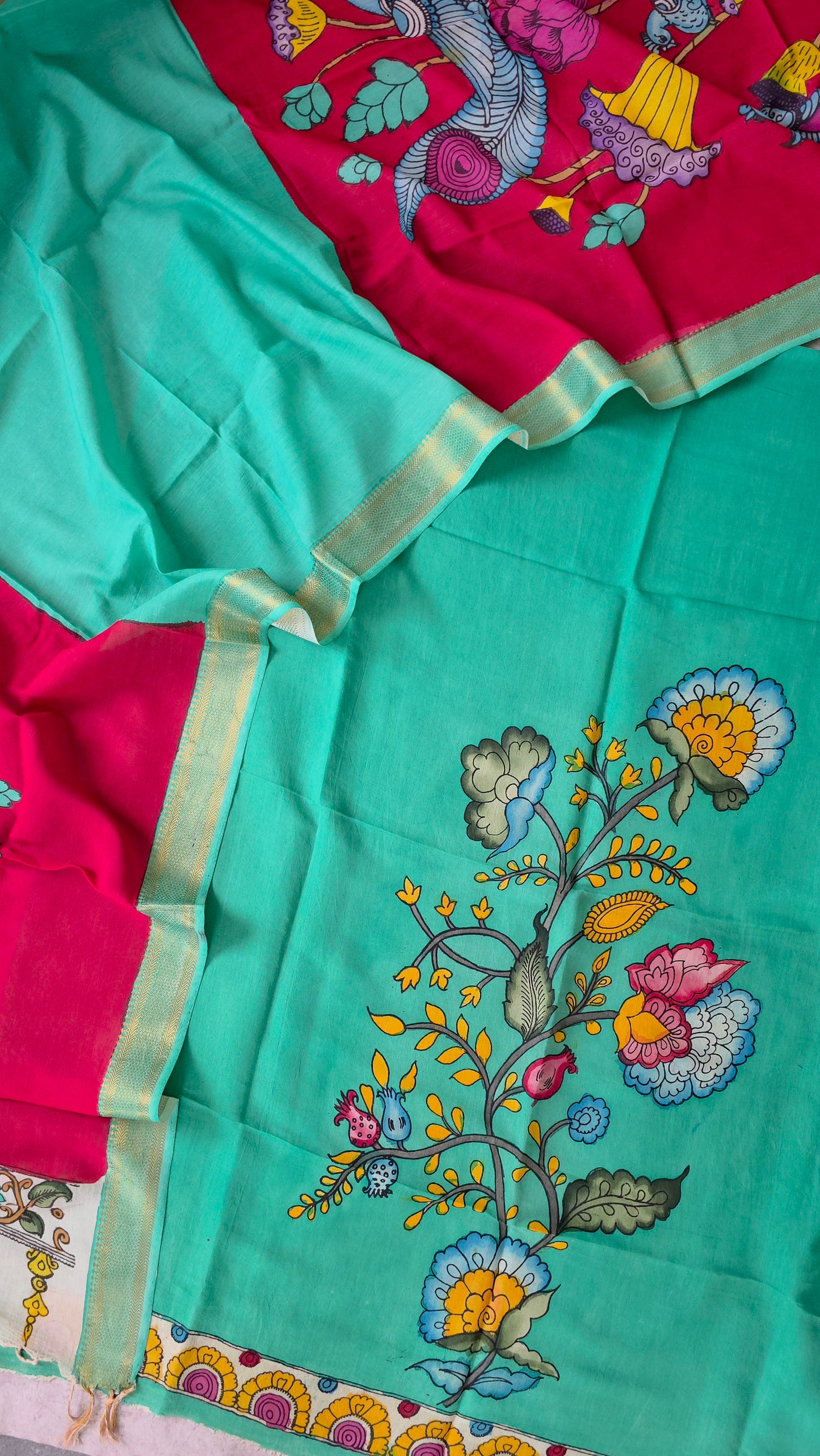 Handcrafted Kalahasthi Penkalamkari bangalore silk set - KH120