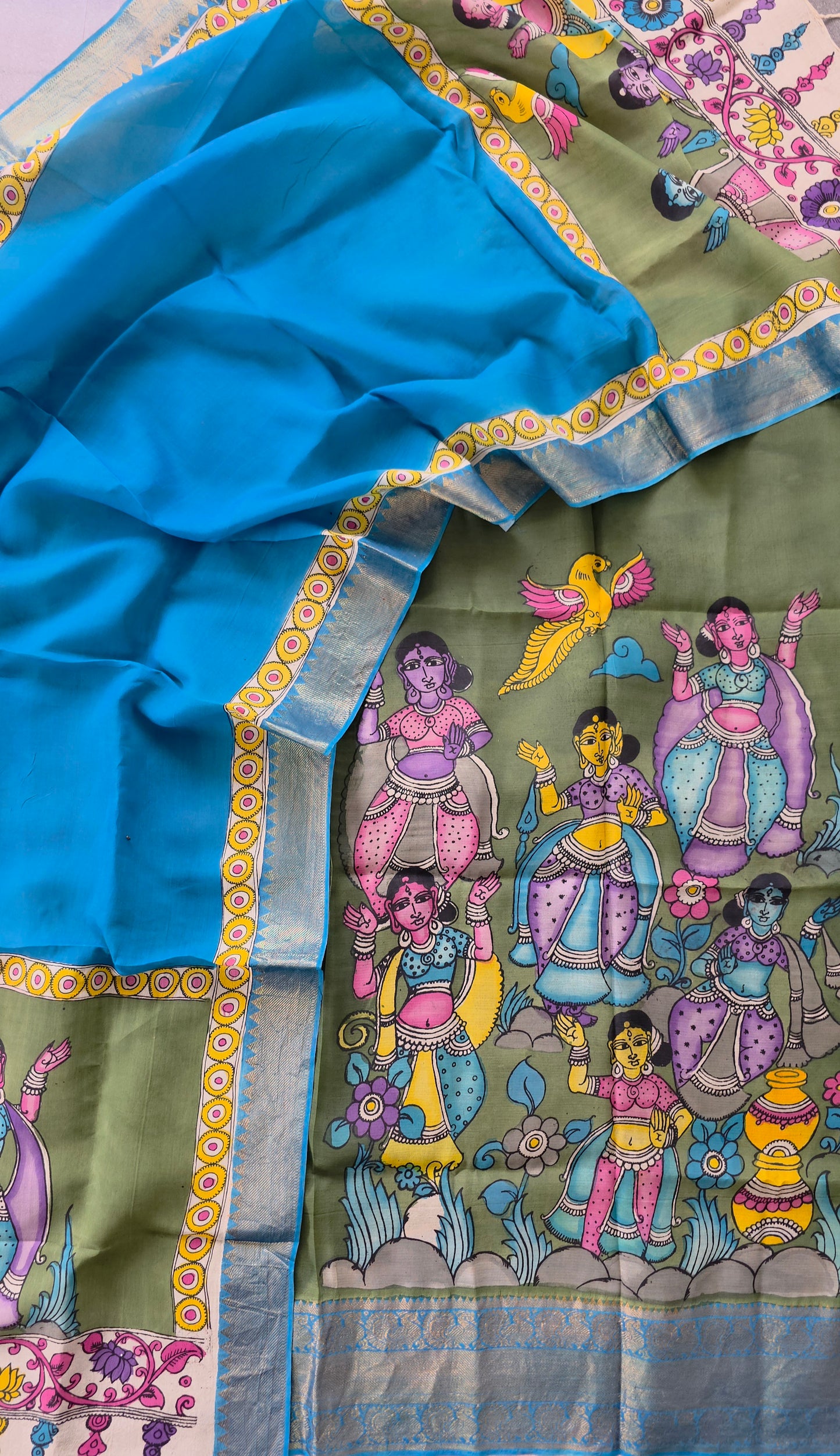Handcrafted Kalahasthi Penkalamkari bangalore silk set - KH42