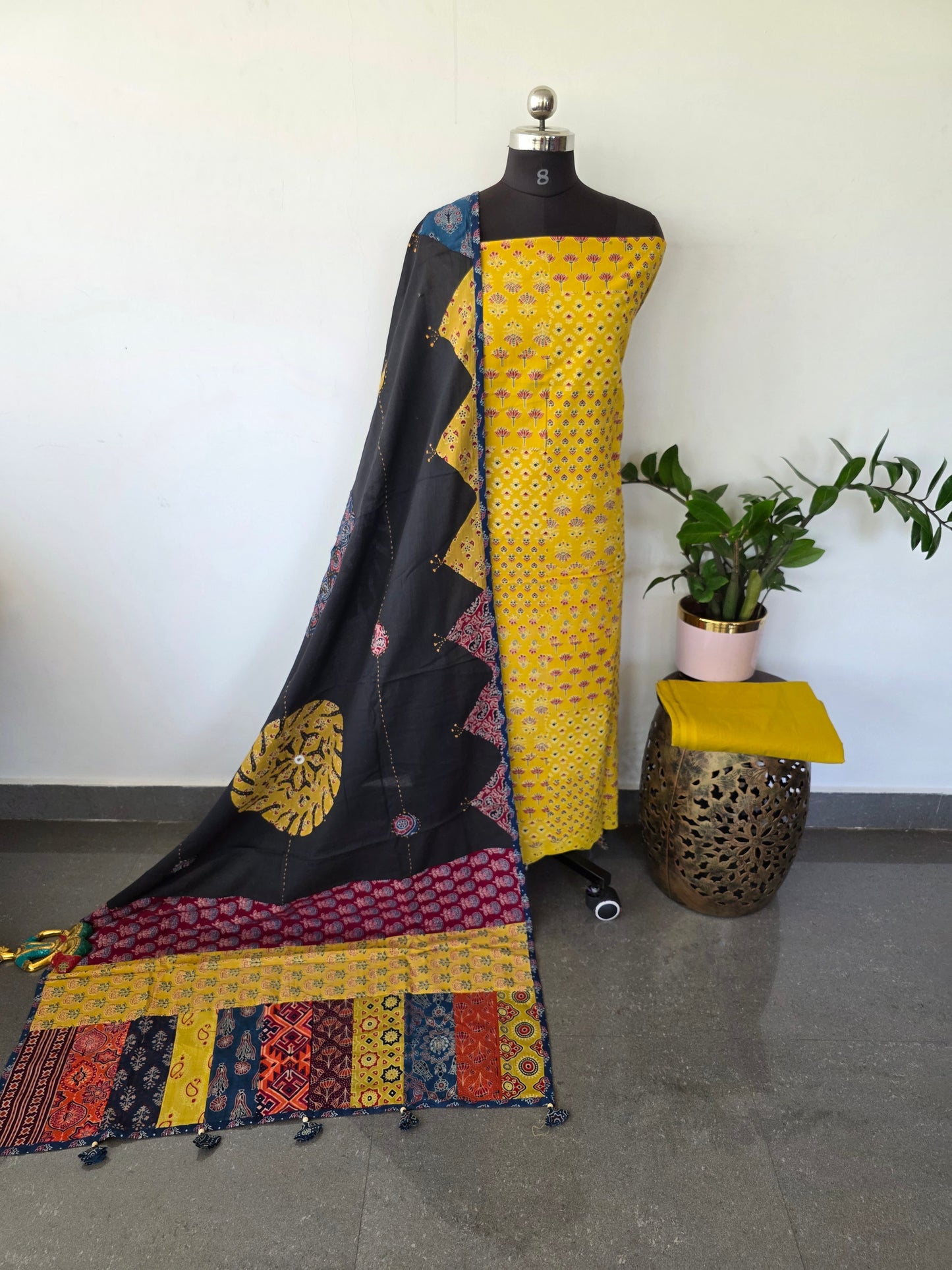 Handcrafted ajrakh cotton top with applique cotton shawl - BAA20