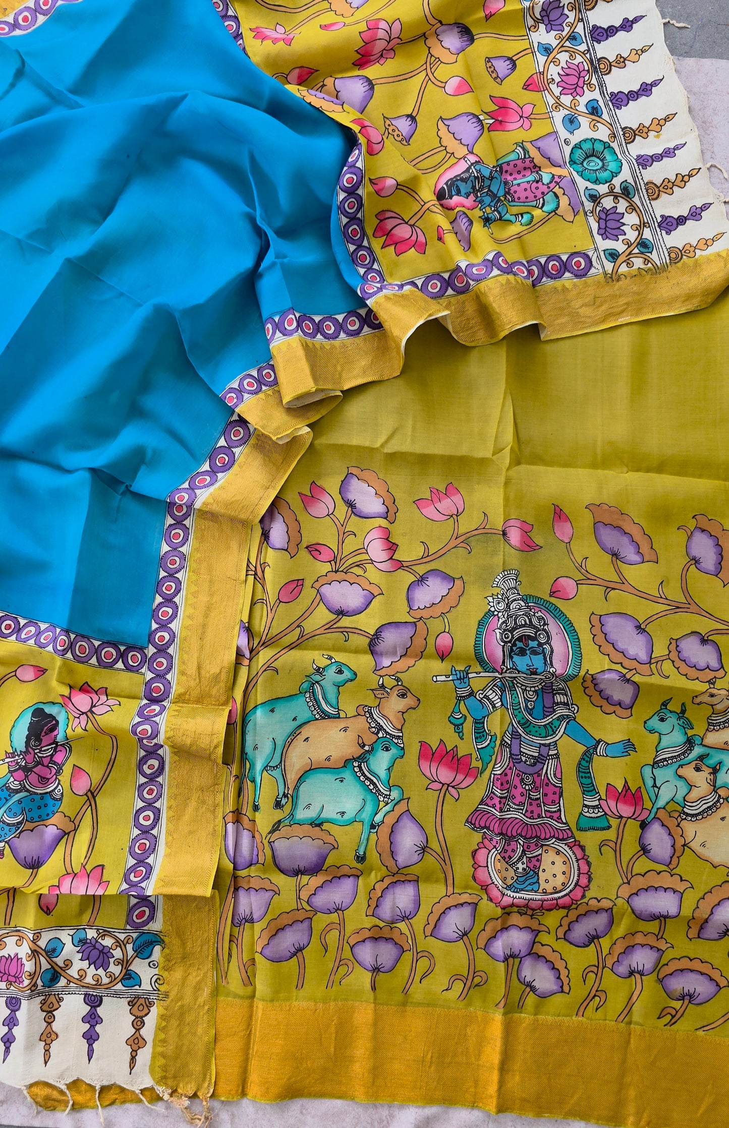 Handcrafted Kalahasthi Penkalamkari bangalore silk set - KH38