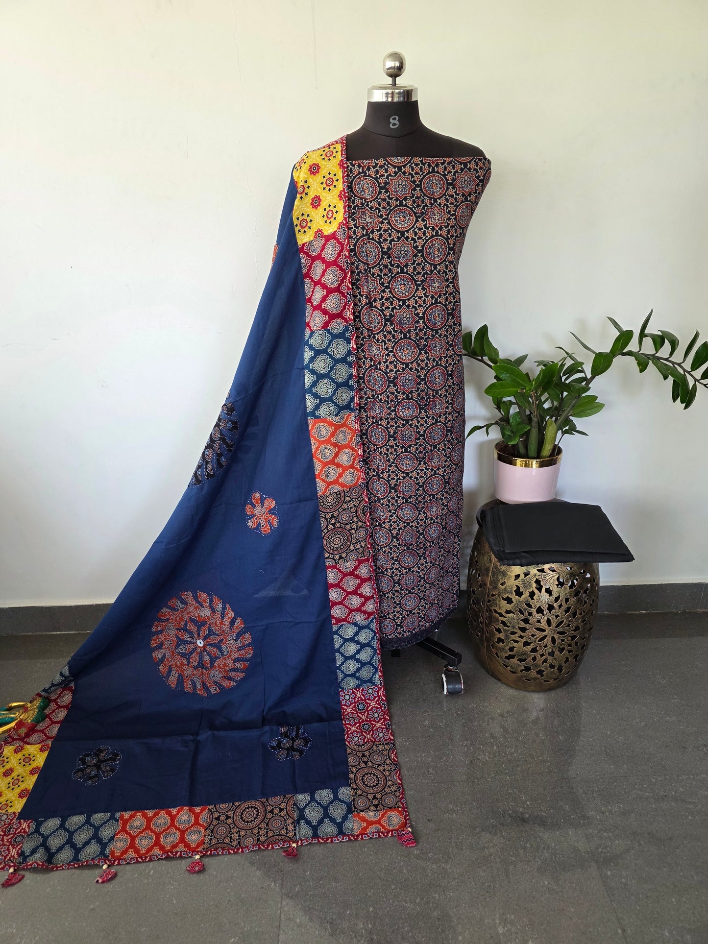 Handcrafted ajrakh cotton top with applique cotton shawl - BAA34