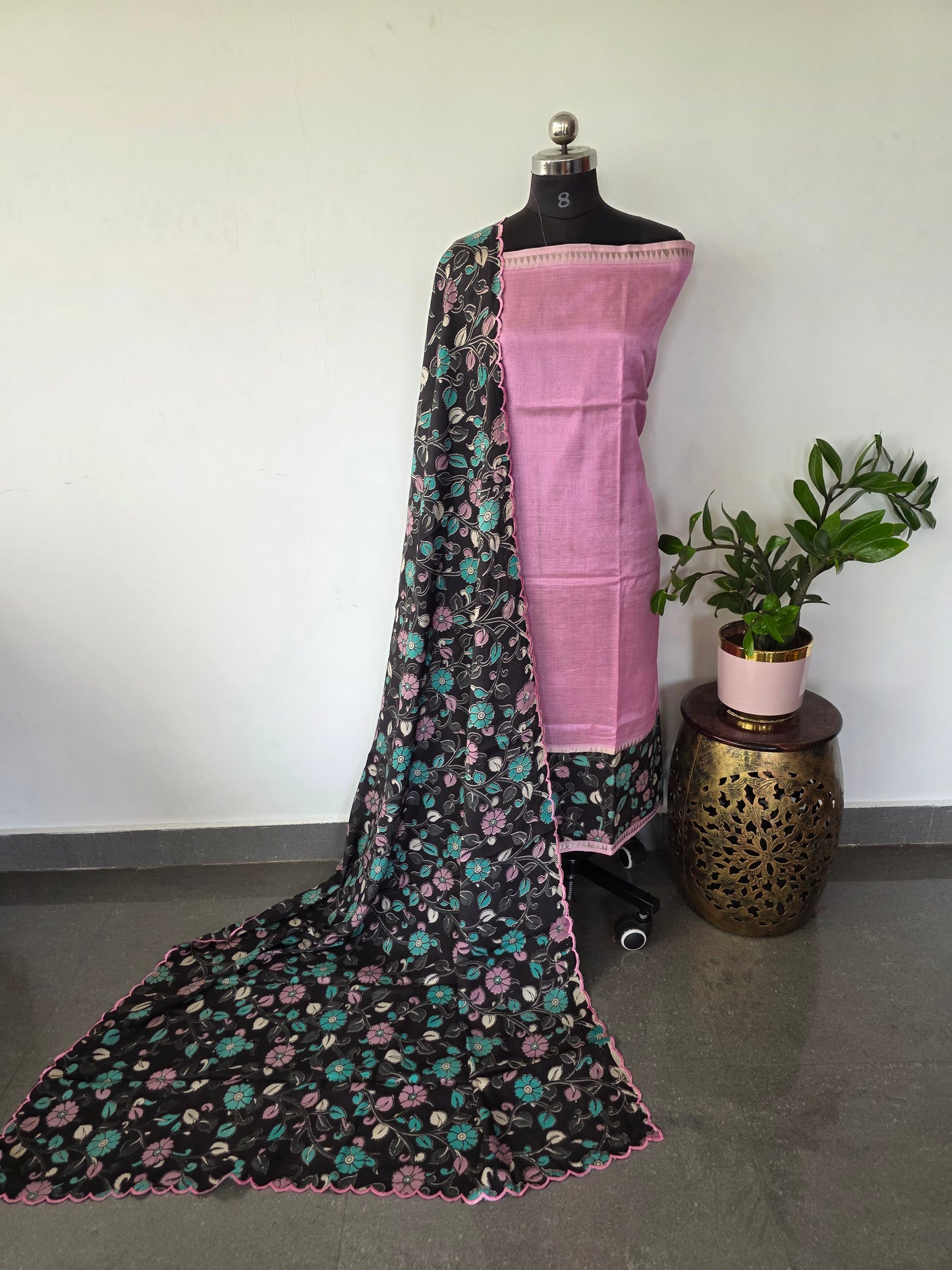Handloom fusion mangalagiri kalamkari gap border silk salwar set - AK284