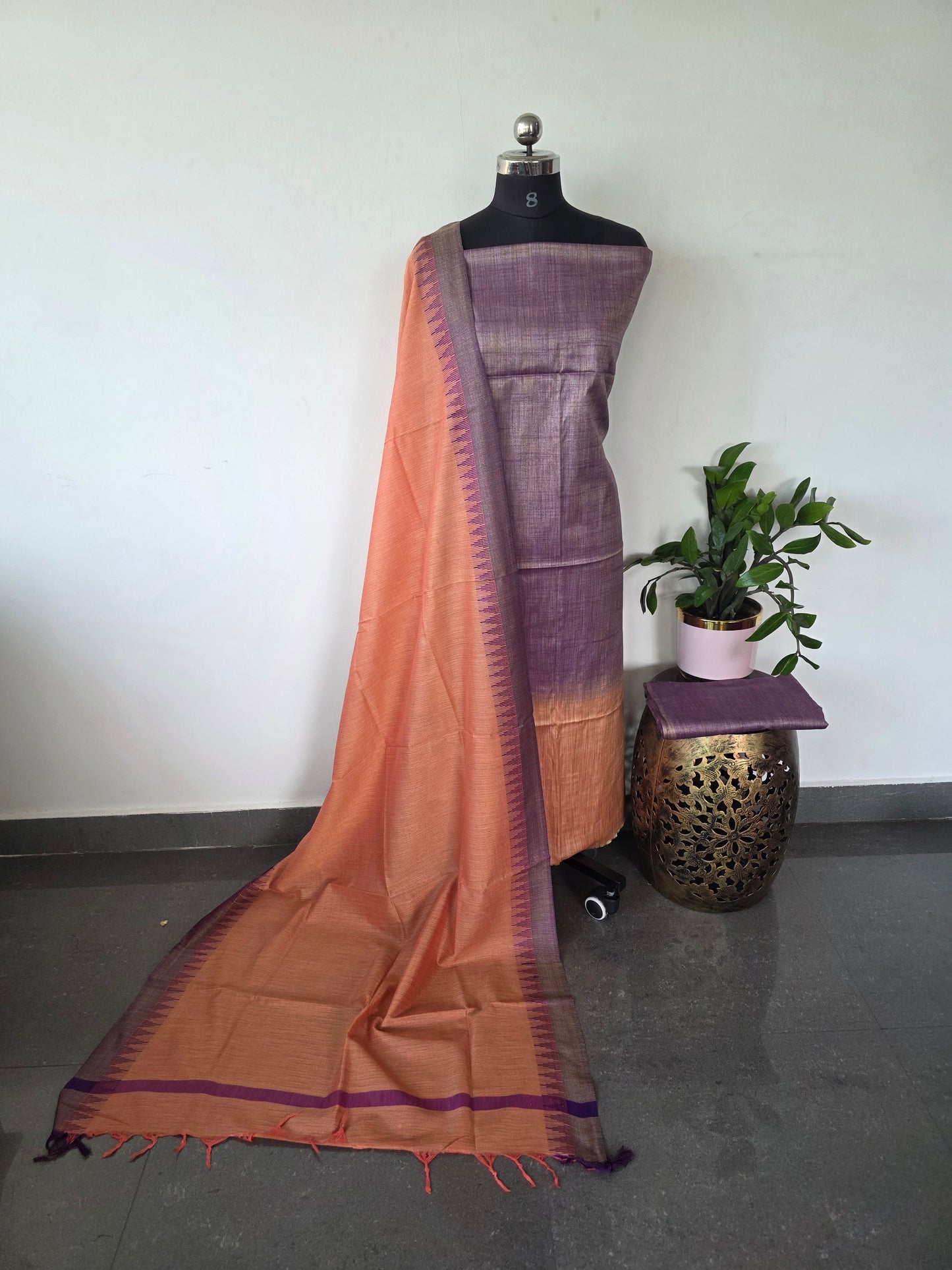 Bhagalpuri Cotton khadi set with temple border silk shawl - BA201