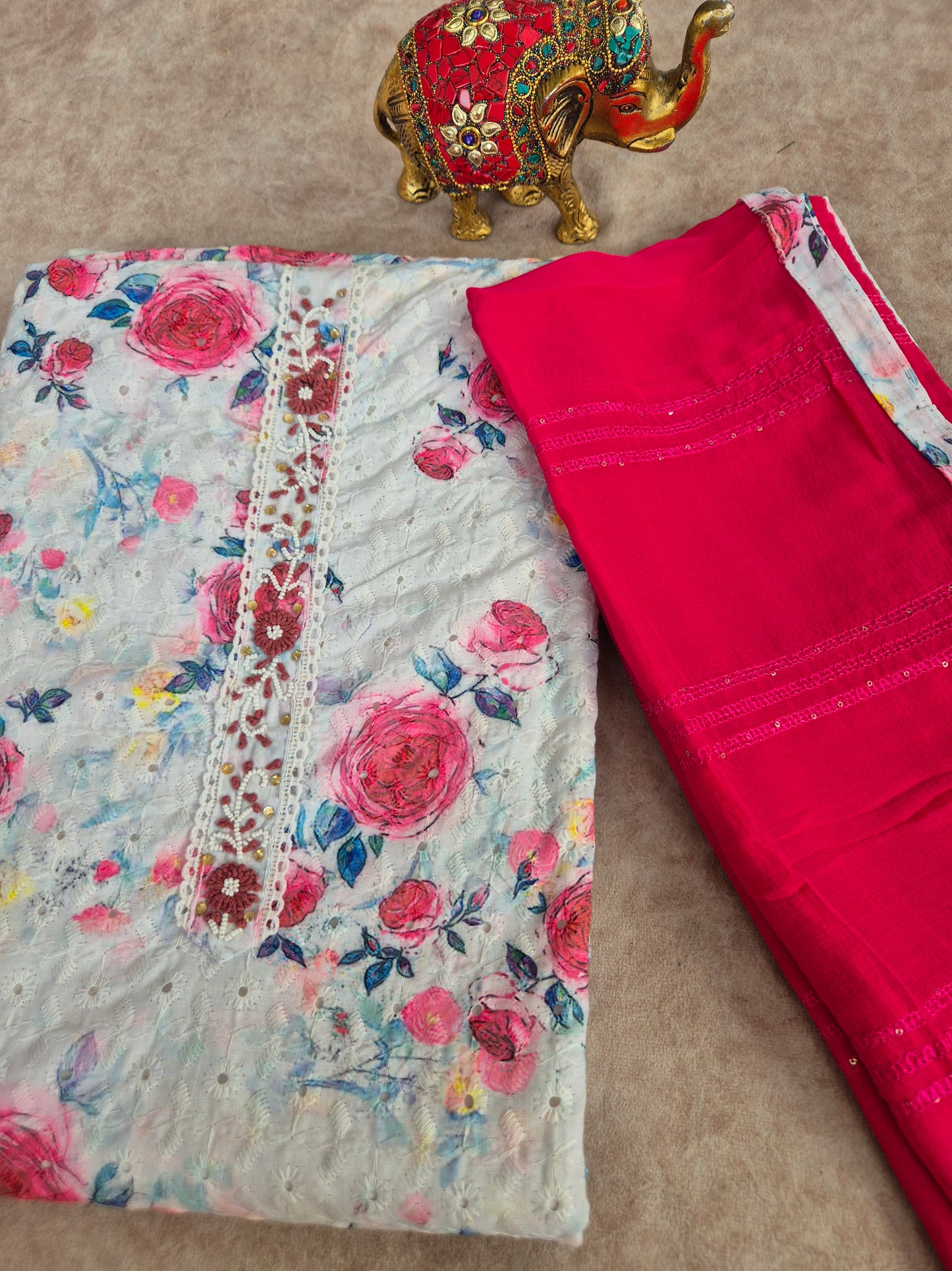 Hakoba cotton set with sequence chiffon shawl- D112