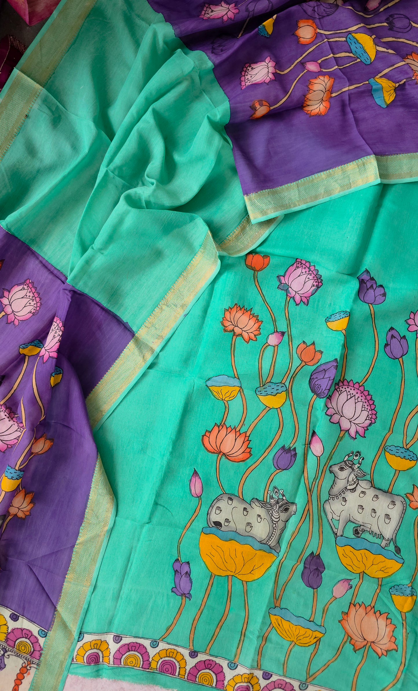 Handcrafted Kalahasthi Penkalamkari bangalore silk set - KH122