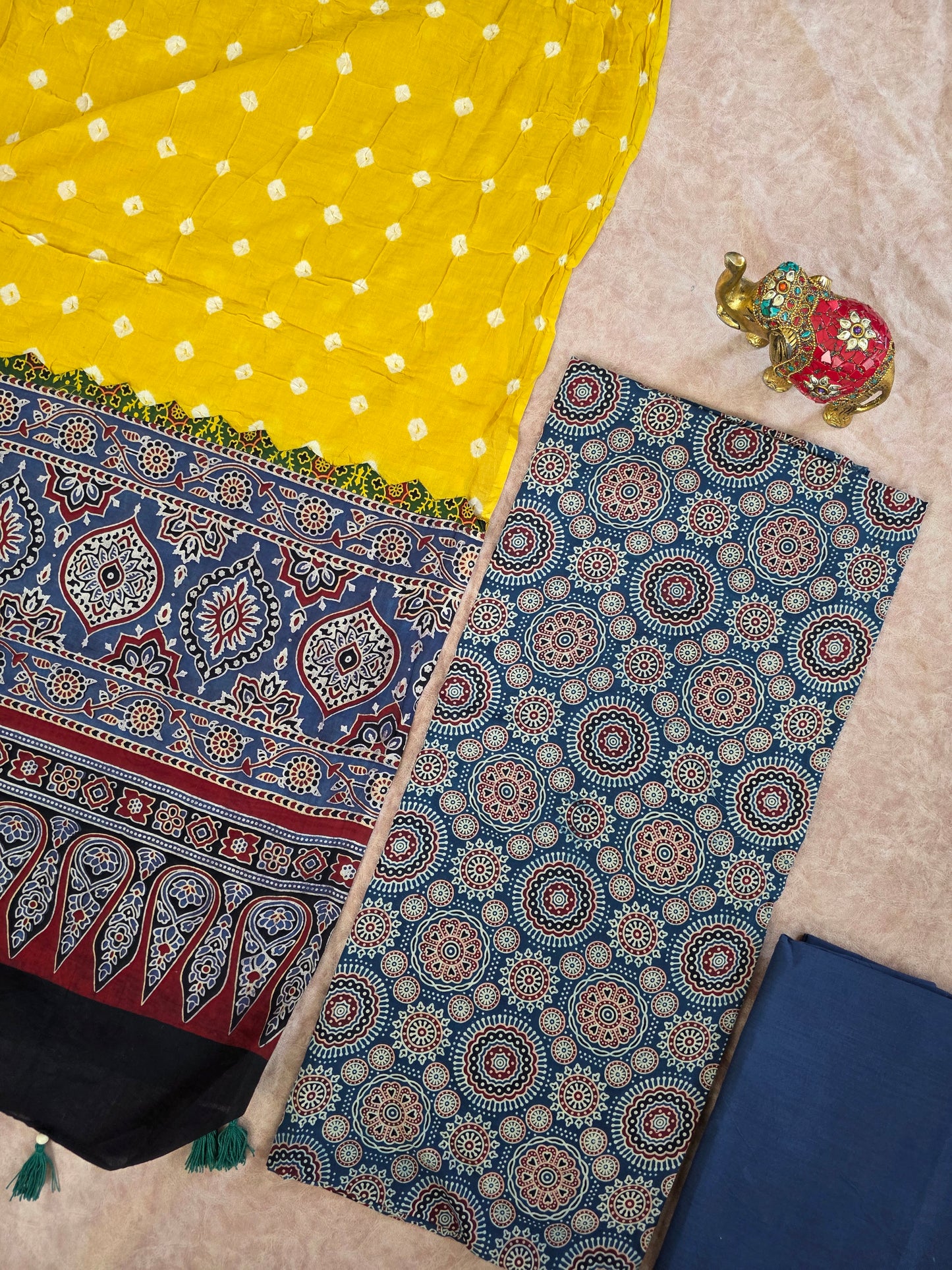 Handcrafted ajrakh cotton top with pure bandhani cotton shawl - BAA9