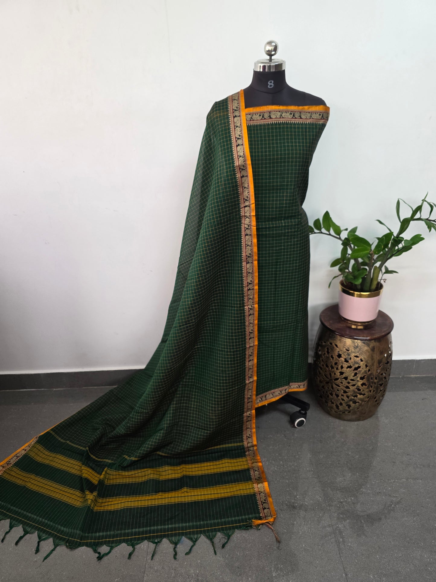 Checked Mercerised narayanapet salwar set with elephant border (4.5 meters)- Na524