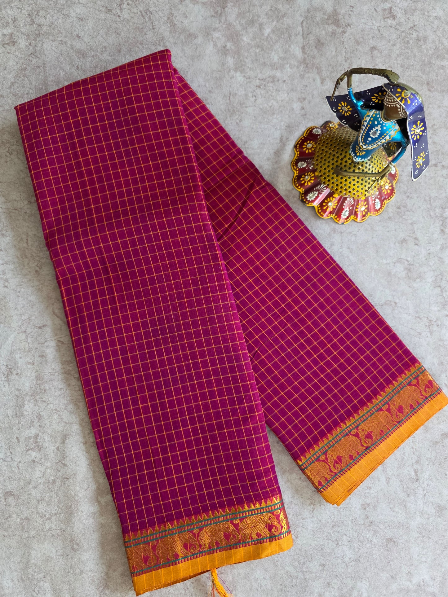 Mercerised checked narayanapet with elephant border saree - NA146