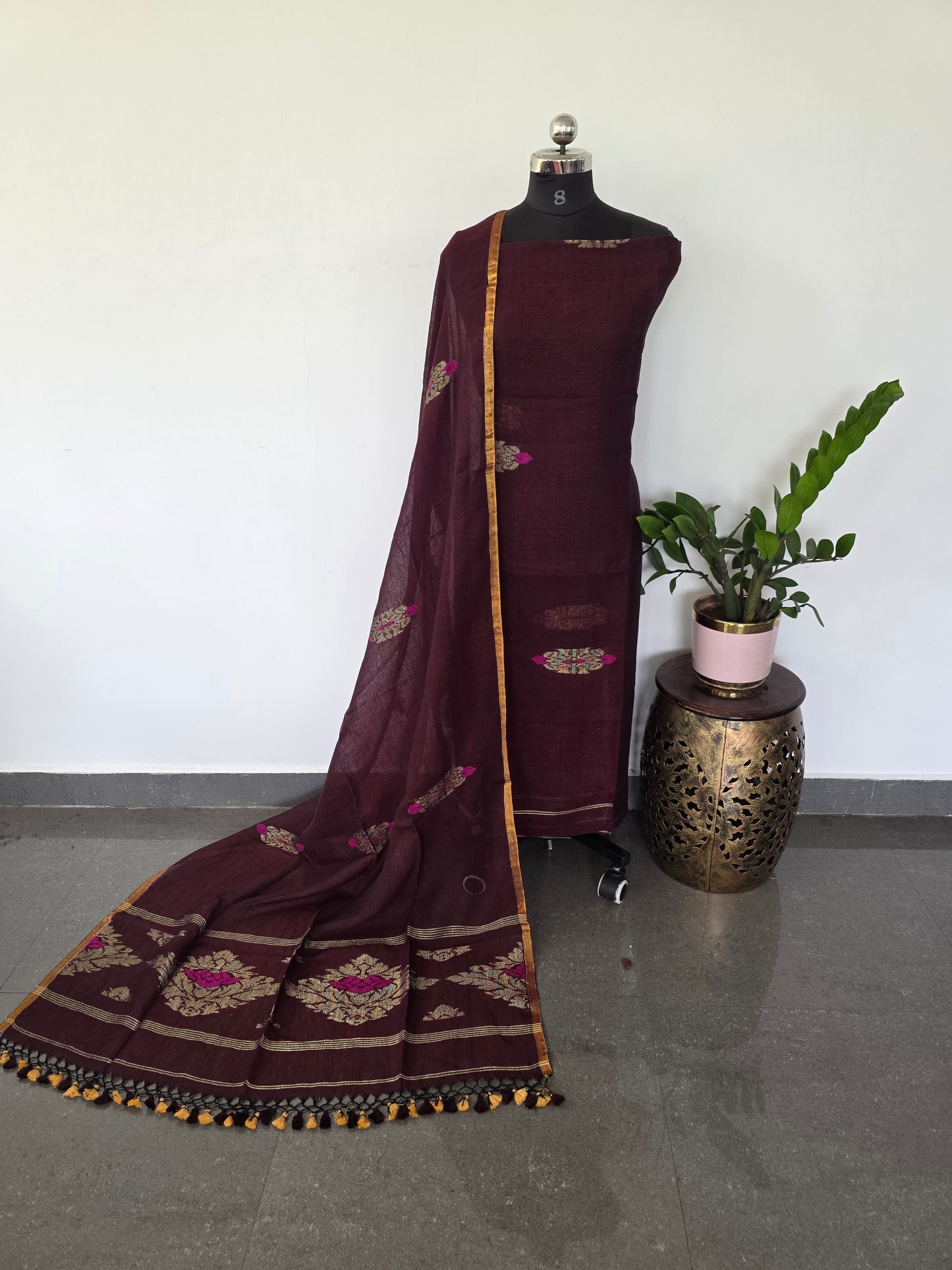 Premium handloom linen jamdhani set (brown) - JMM75