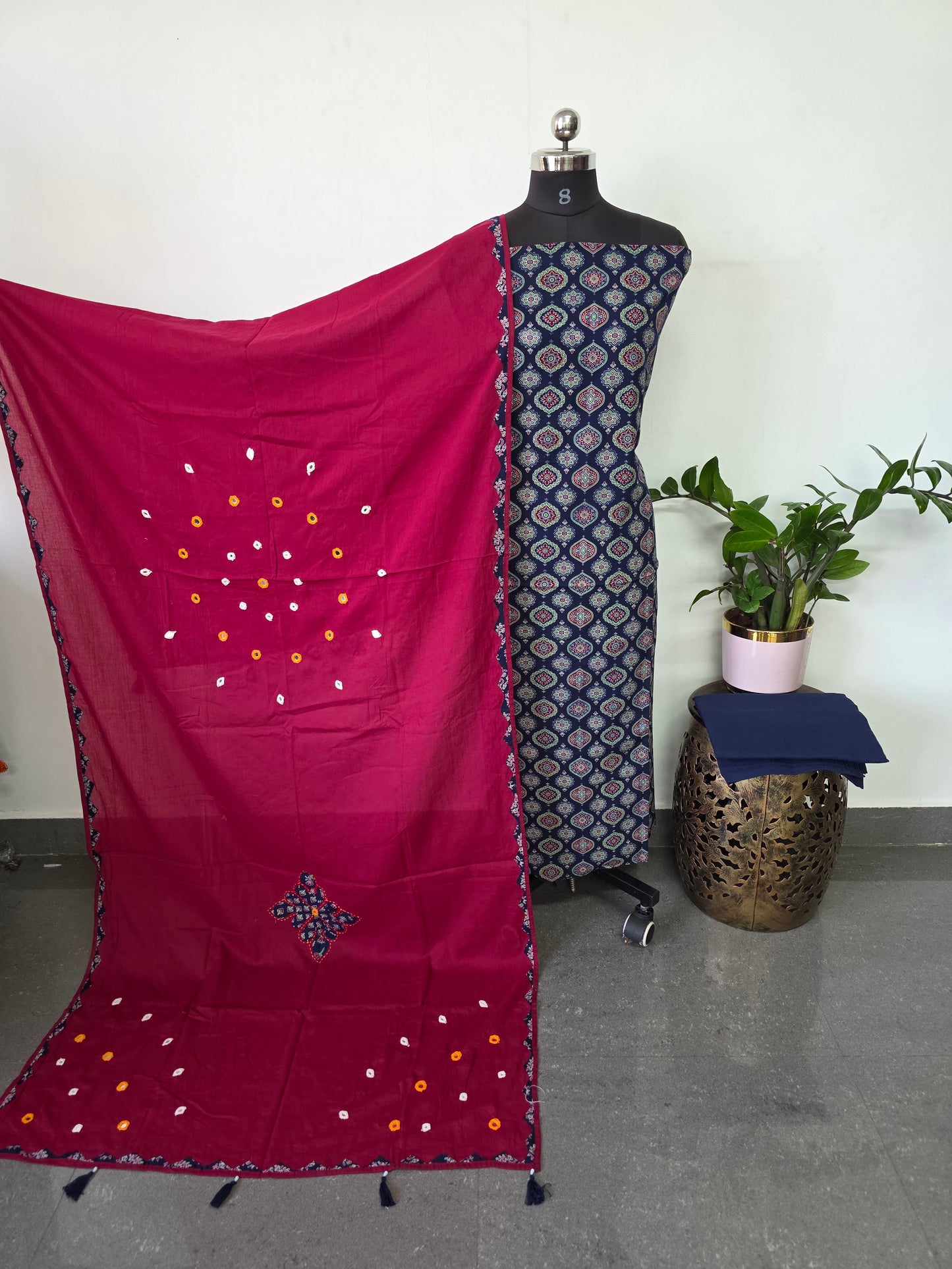 Handcrafted ajrakh cotton top with mirror work cotton shawl - BAA68