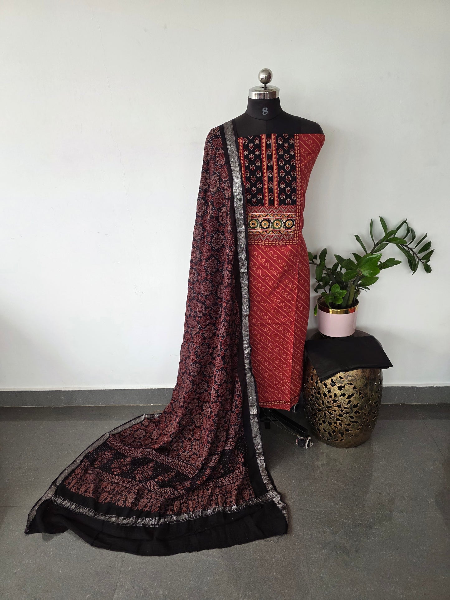 Premium ajrakh cotton with handwork yoke zari border salwar set - AS51