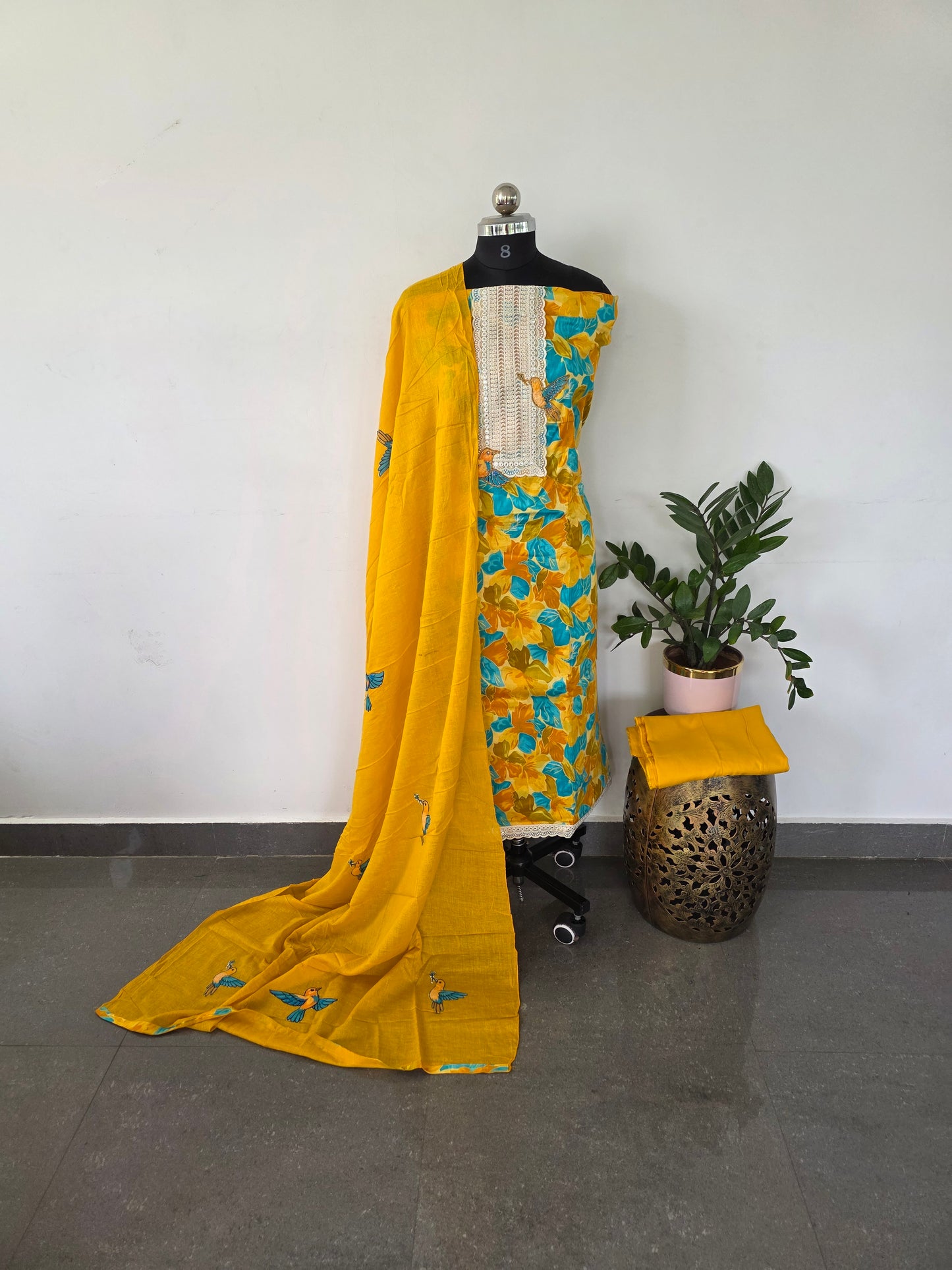 Fancy satin cotton with appliqué work shawl - yellow