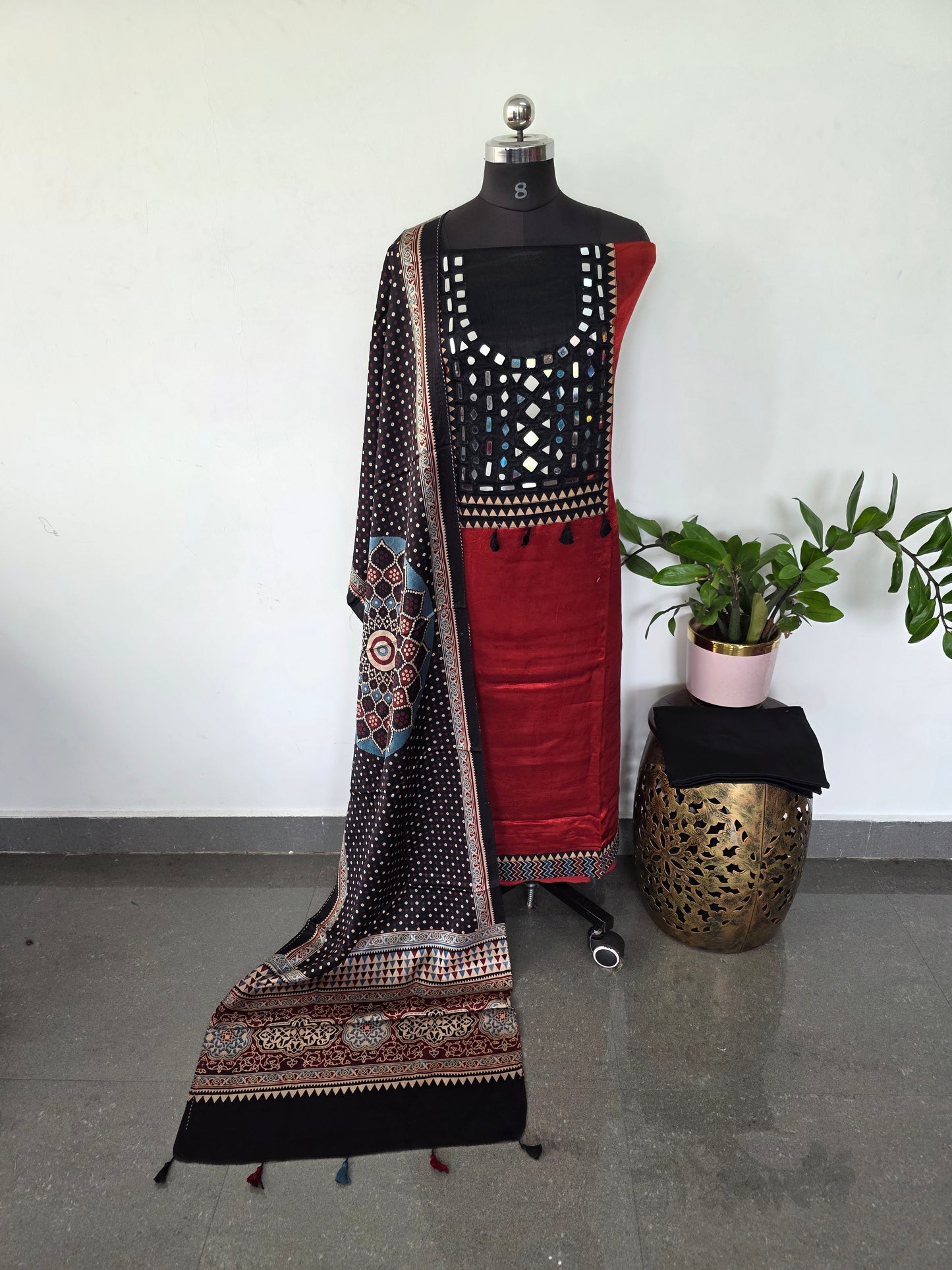 Handcrafted ajrakh kutch handwork mirror mashru silk set - HZ159