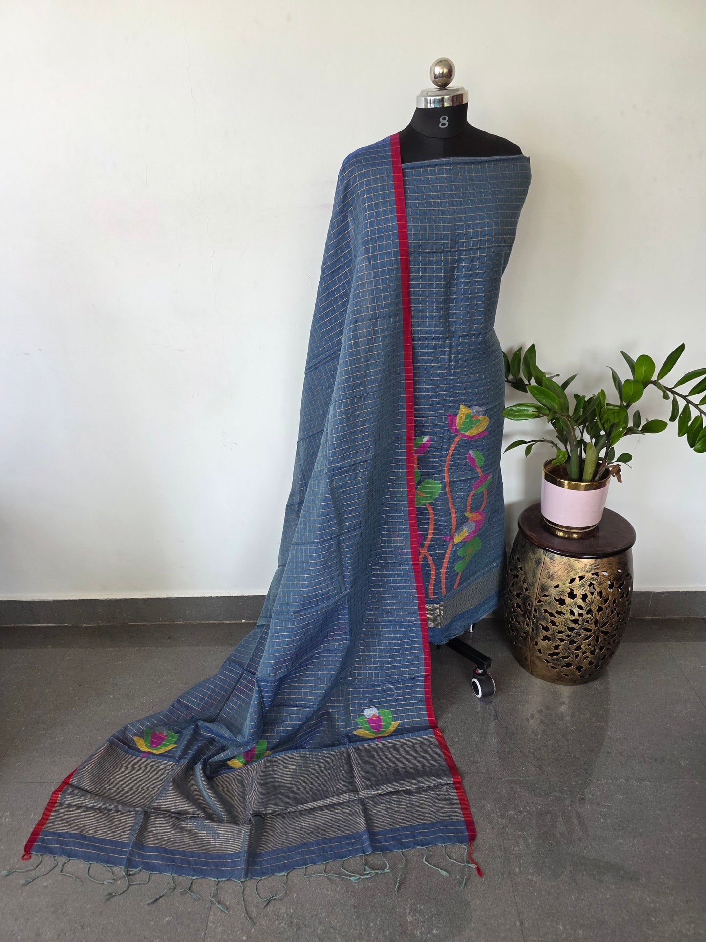 Handloom zari Checked Mul cotton paithani jamdhani set- JMM303