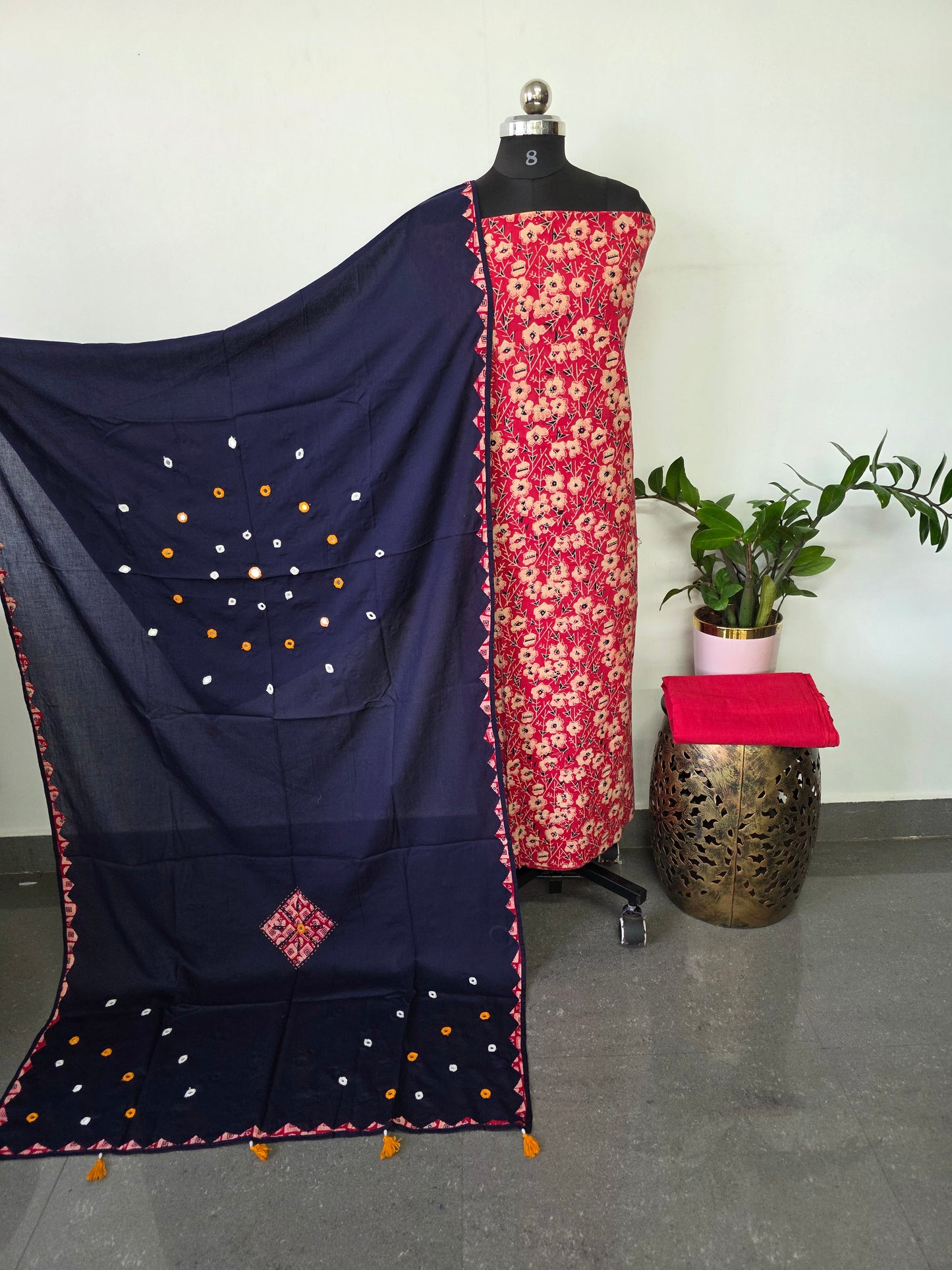 Handcrafted ajrakh cotton top with mirror work cotton shawl - BAA69