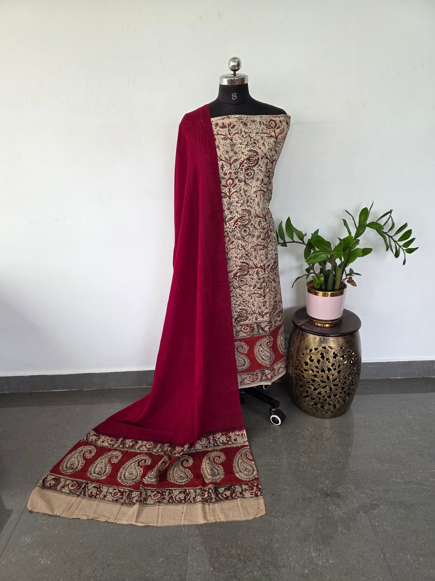 Handblock pure kalamkari cotton with border ( 2 pc set )- AK195