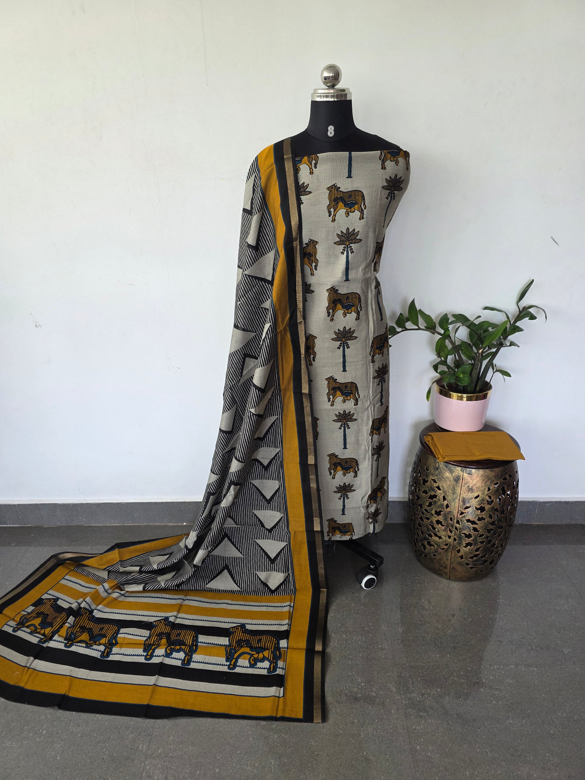 Ajrakh inspired semi maheshwari silk set-HZ379