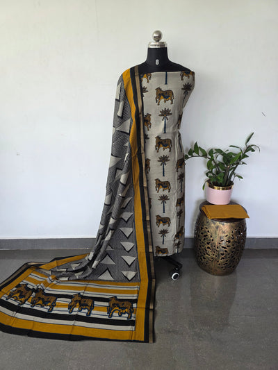 Ajrakh inspired semi maheshwari silk set-HZ379