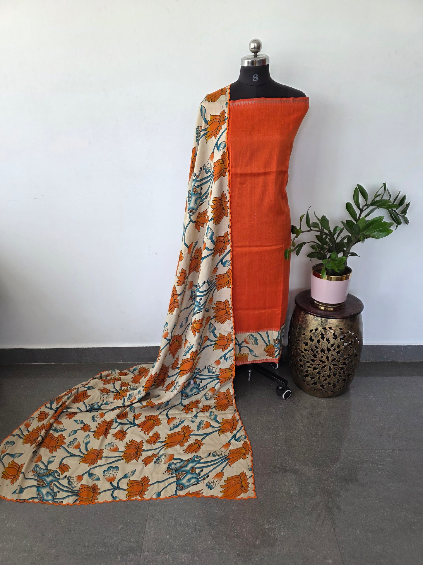 Handloom fusion mangalagiri kalamkari gap border silk salwar set - AK272