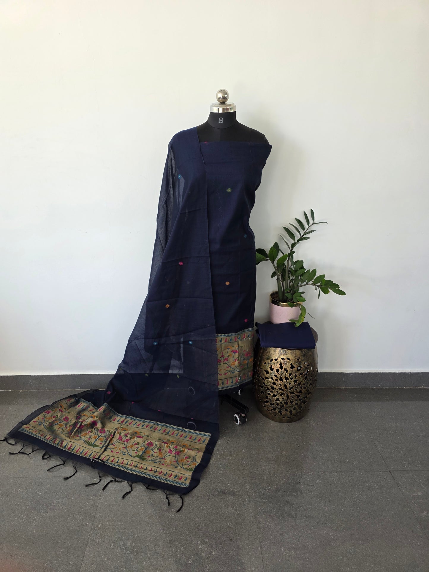 Premium jamdhani paithani silk cotton set (blue)- X9