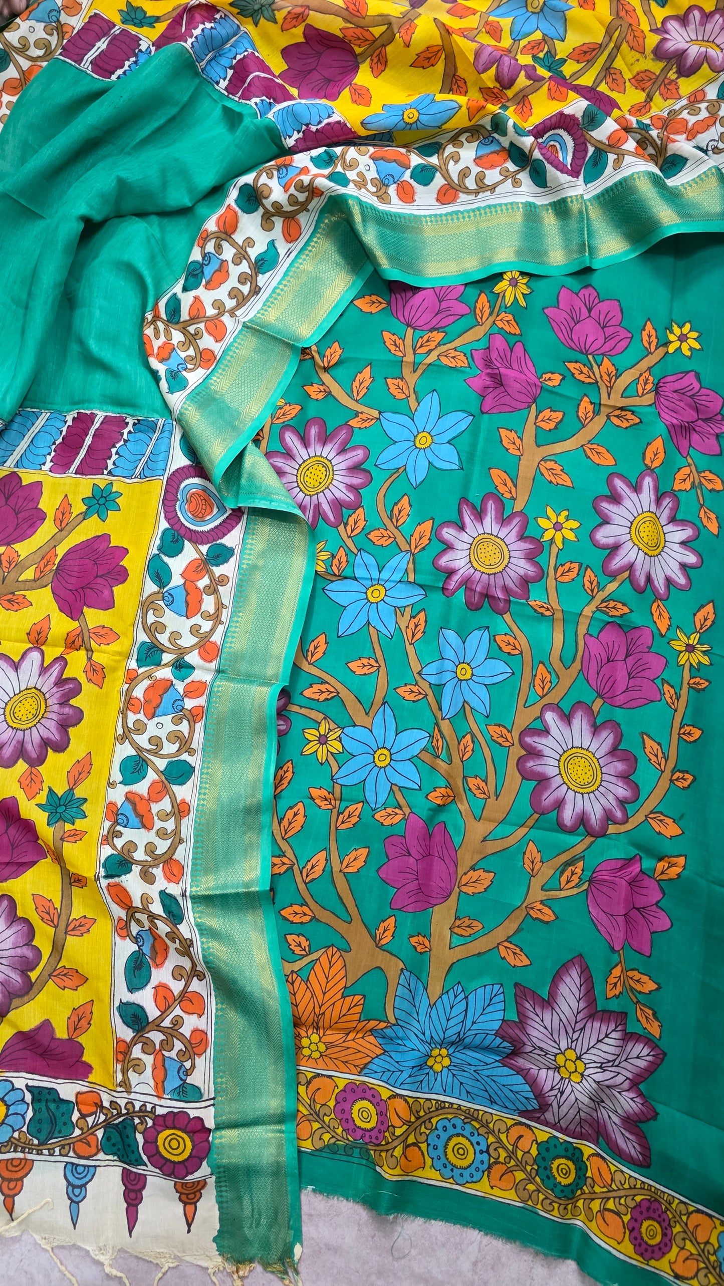 Handcrafted Kalahasthi Penkalamkari bangalore silk set-RV11