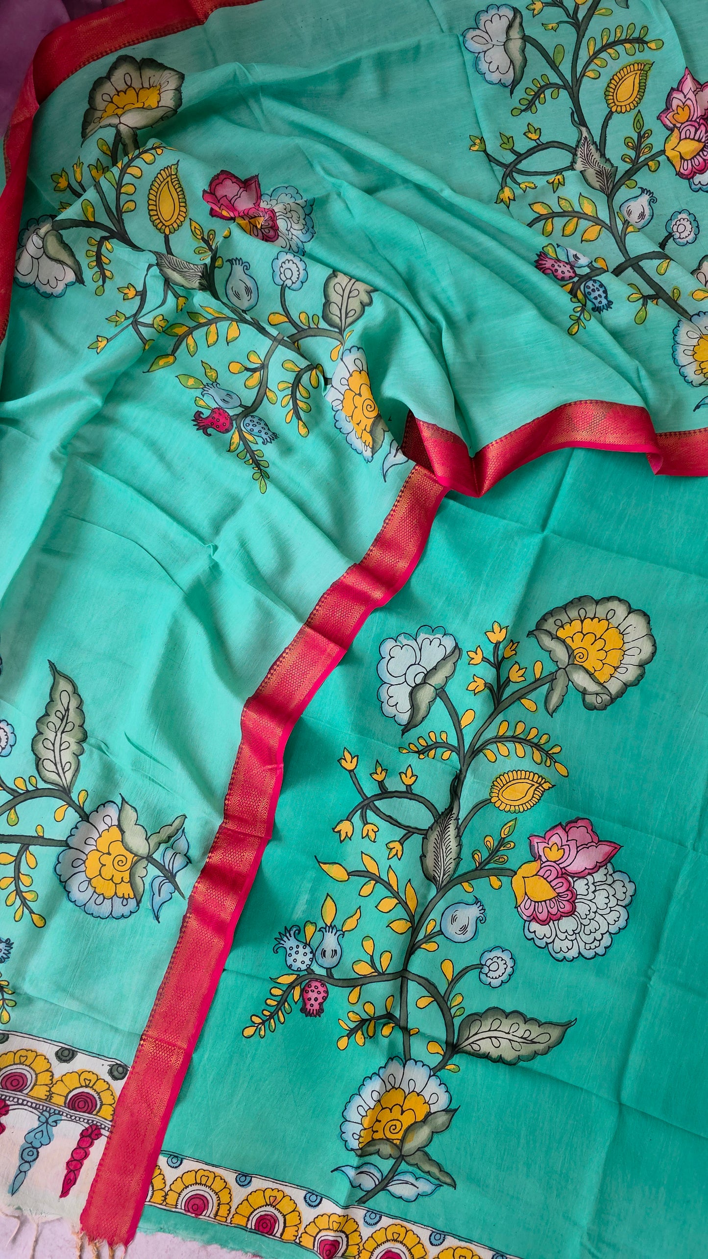 Handcrafted Kalahasthi Penkalamkari bangalore silk set - KH118