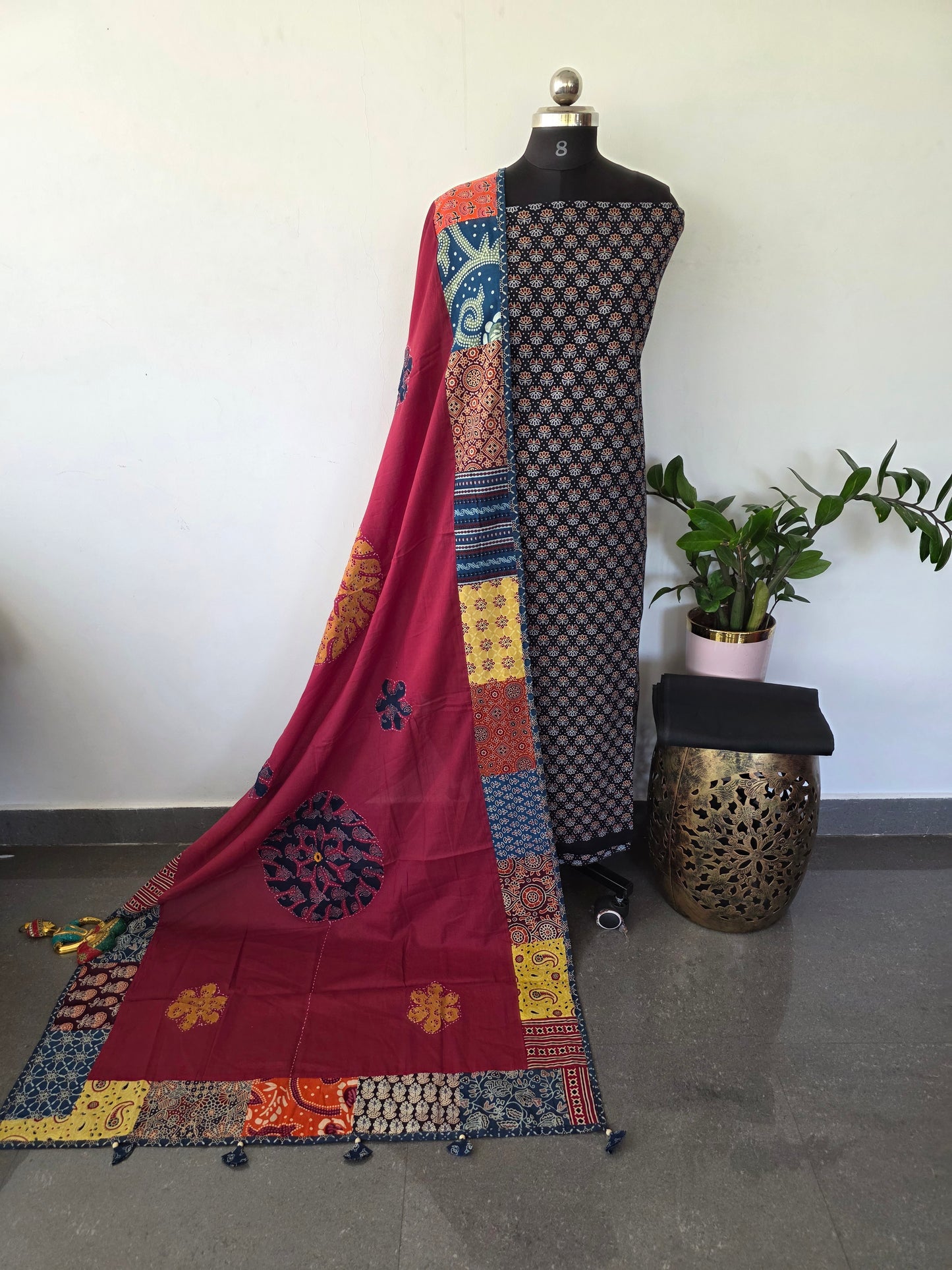 Handcrafted ajrakh cotton top with applique cotton shawl - BAA27