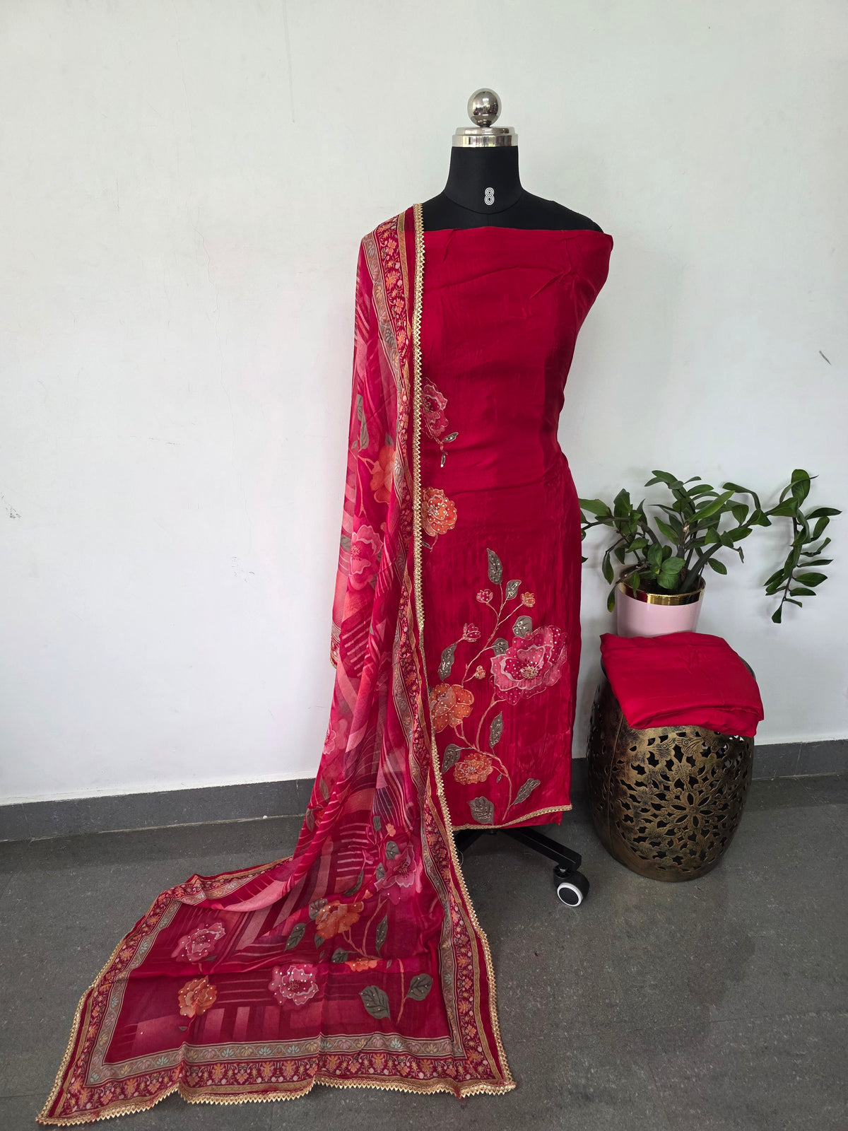 Glass organza viscose handwork silk set (Red)-FC66