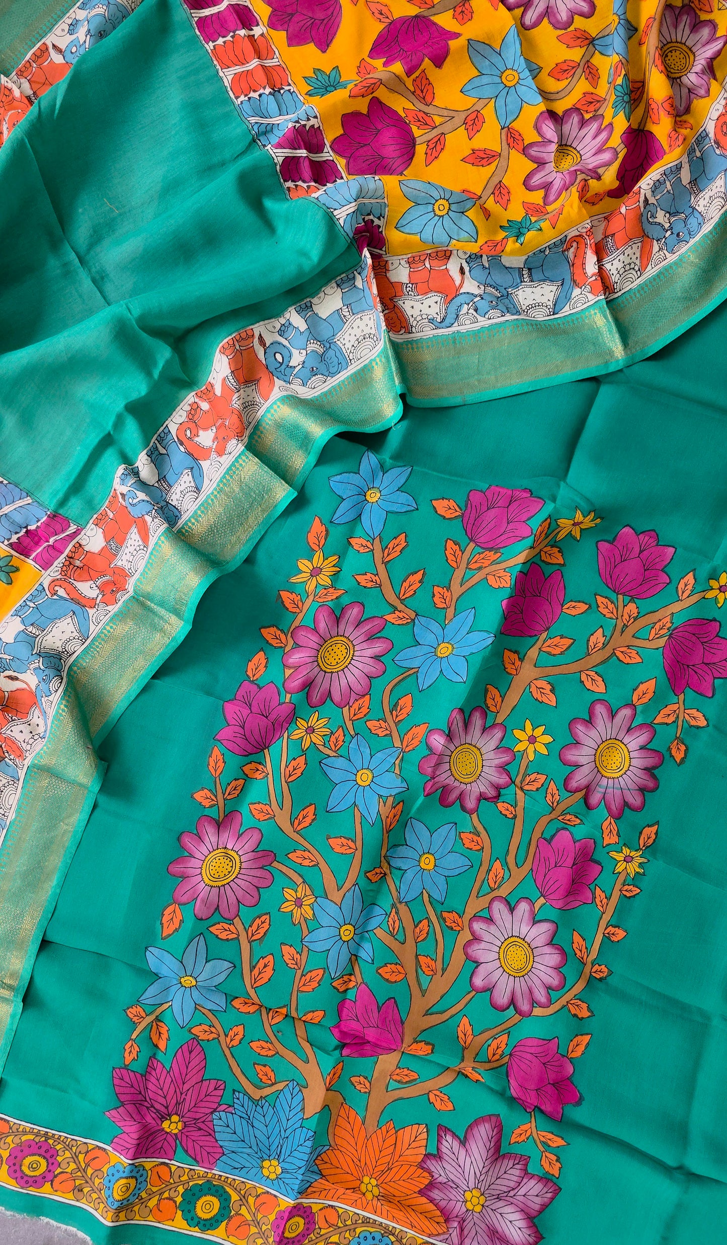 Handcrafted Kalahasthi Penkalamkari bangalore silk set - KH130