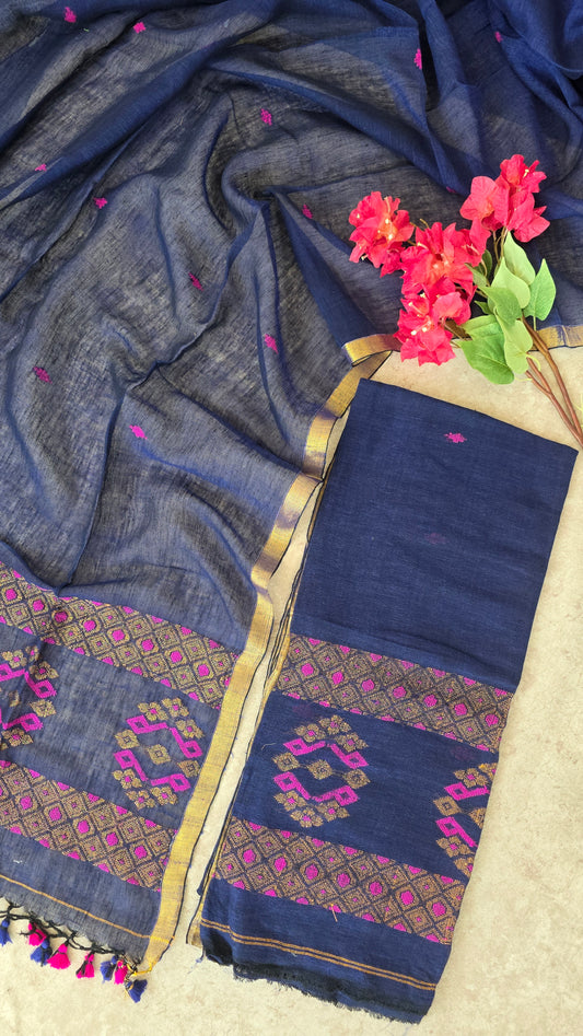 Premium handloom linen jamdhani set( blue) - JMM110