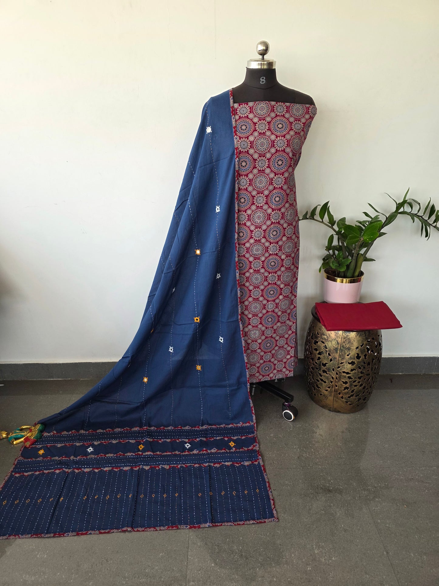 Handcrafted ajrakh cotton top kantha with mirror work cotton shawl - BAA55