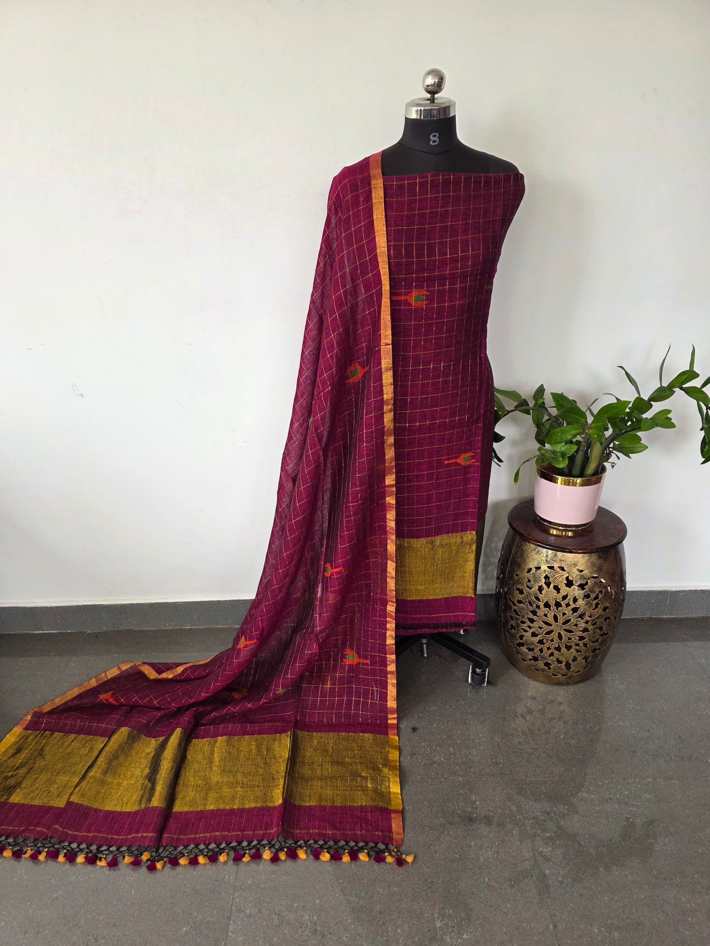 Premium checked handloom linen jamdhani set - JMM342