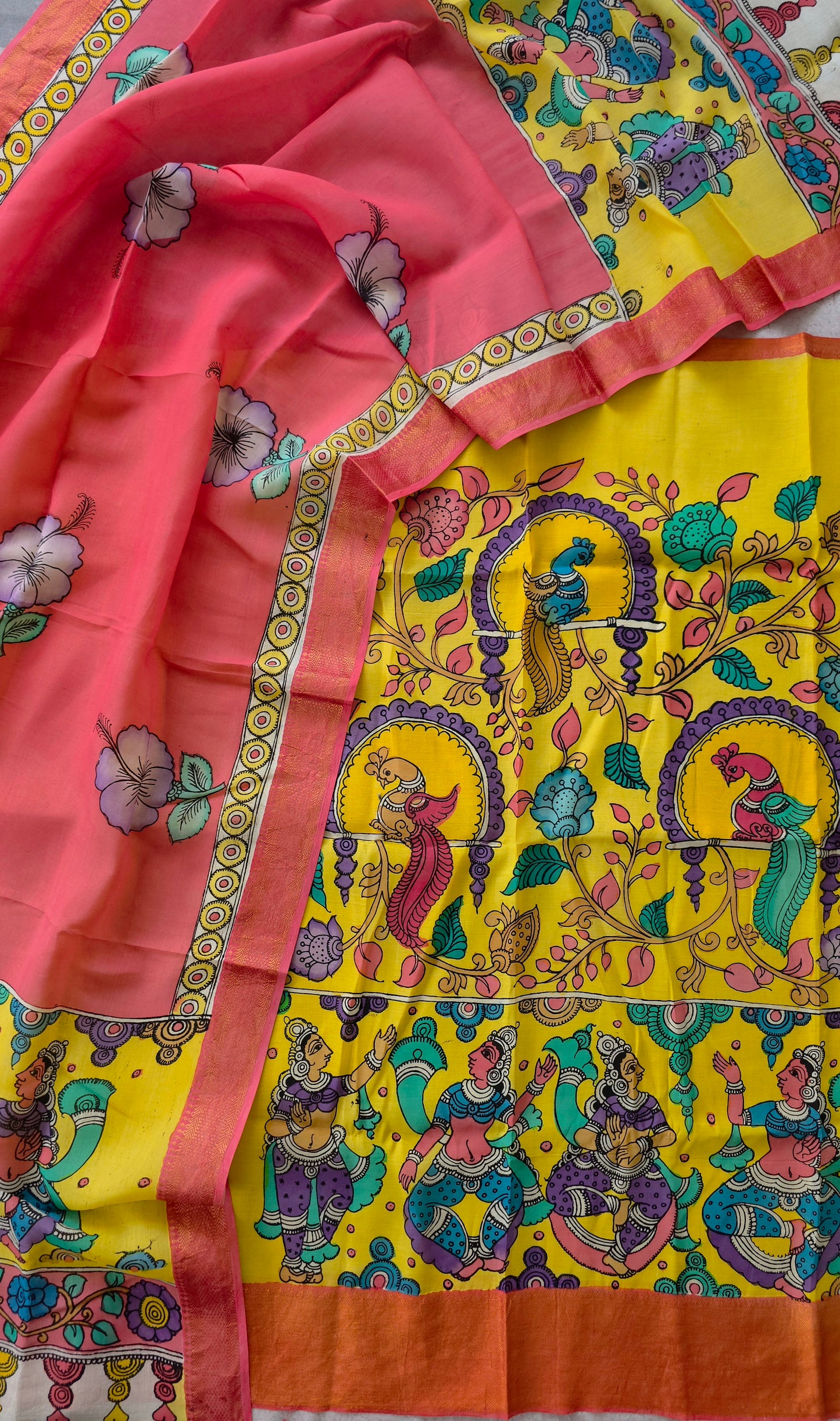Handcrafted Kalahasthi Penkalamkari bangalore silk set - KH34