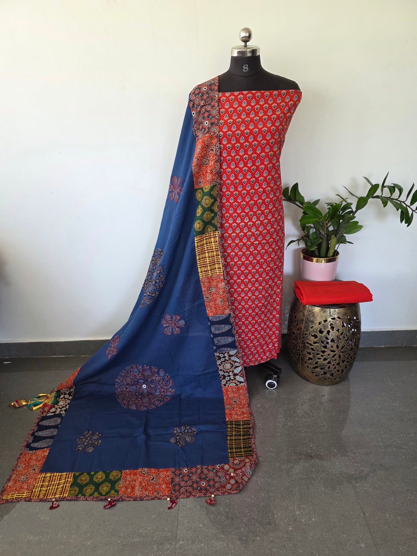 Handcrafted ajrakh cotton top with applique cotton shawl - BAA22