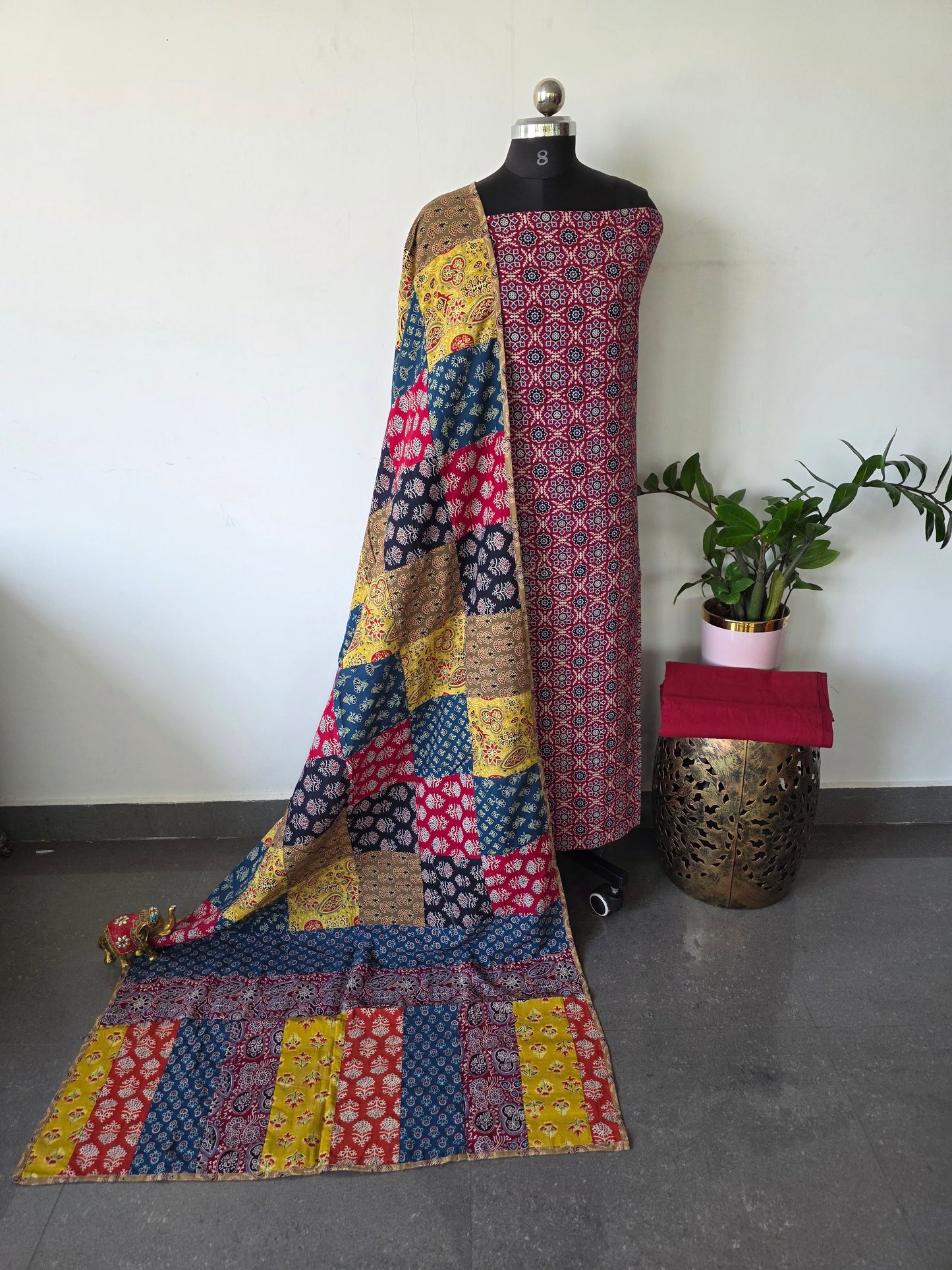 Handcrafted ajrakh cotton top with heavy batch work cotton shawl - BAA71