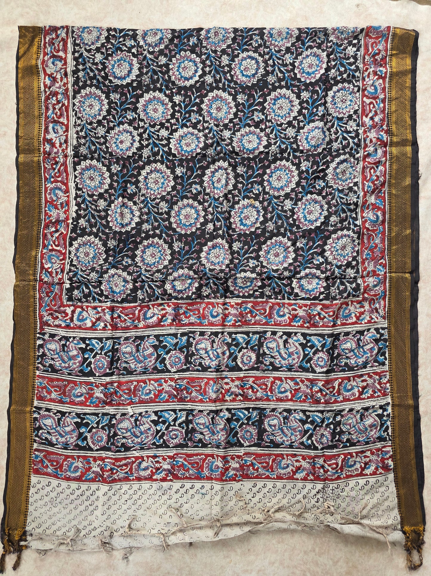 PPure chennuri handblock silk kalamkari with nizam border Dupatta -6