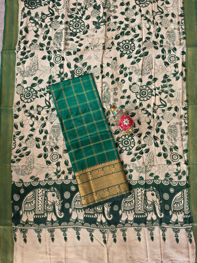 Handloom checked mangalagiri pattu top with chennuri kalamkari duppatta -AK612
