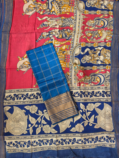 Handloom checked mangalagiri pattu top with chennuri kalamkari duppatta -AK608