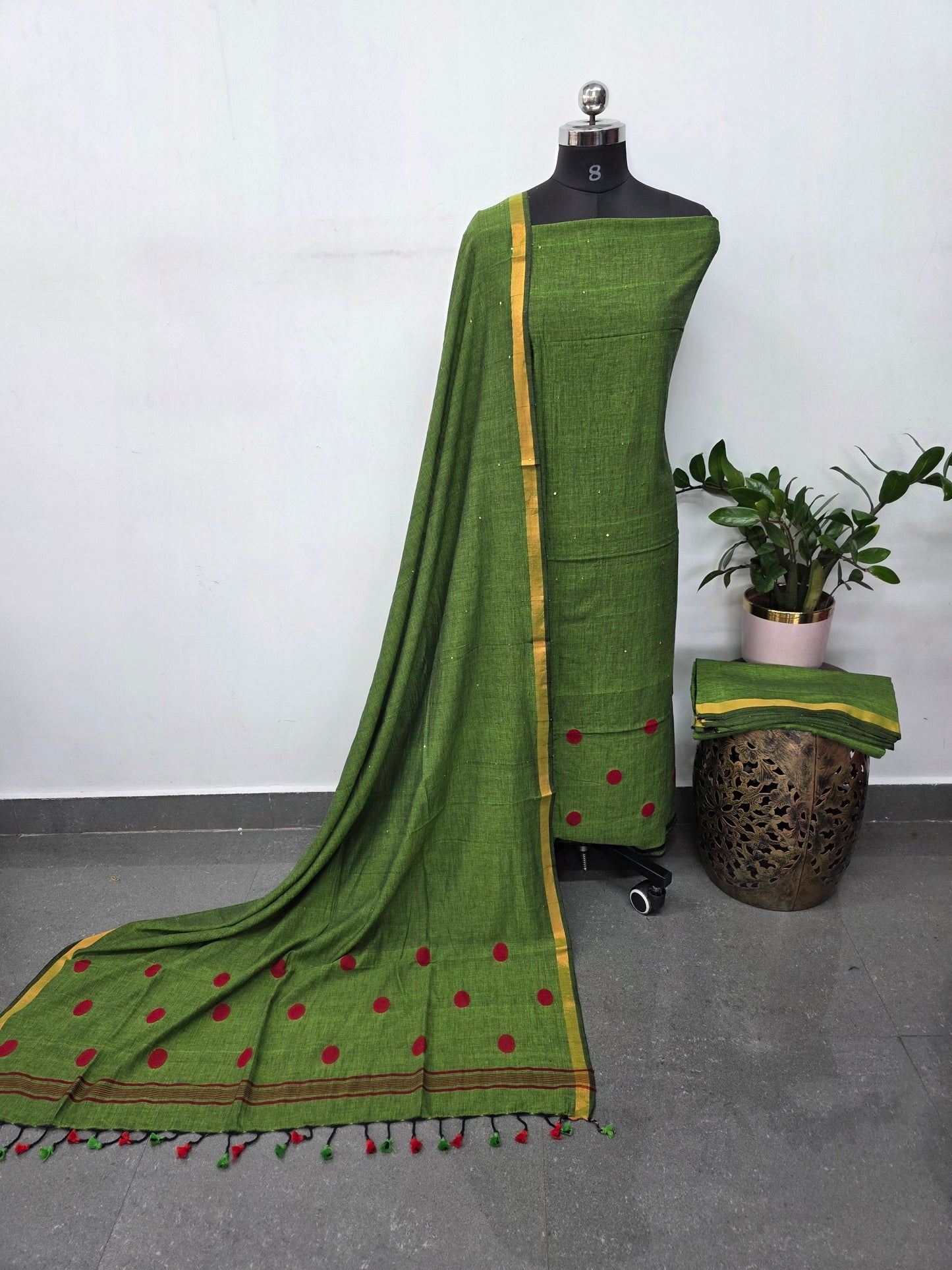 Handloom sequence linen jamdhani set(3 pcs set) -JMM412