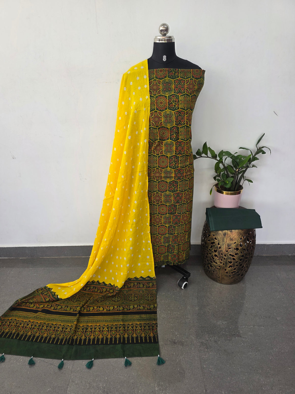 Handcrafted ajrakh cotton set with bandhini duppatta-HZ353