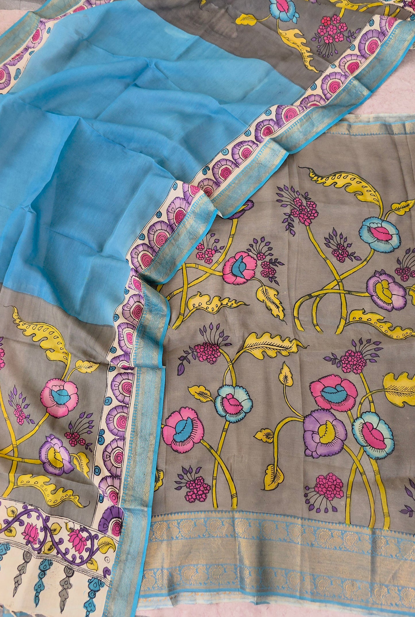 Handcrafted Kalahasthi Penkalamkari bangalore silk set - KH139