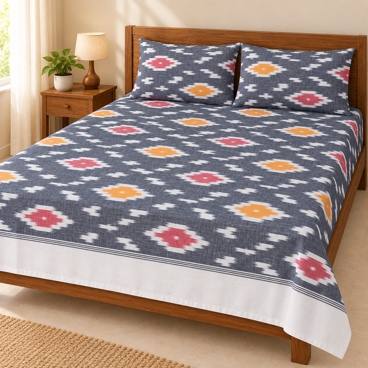 Warp ikkat bed sheets (90*108 2/40s bedsheet with pillow) - WW659