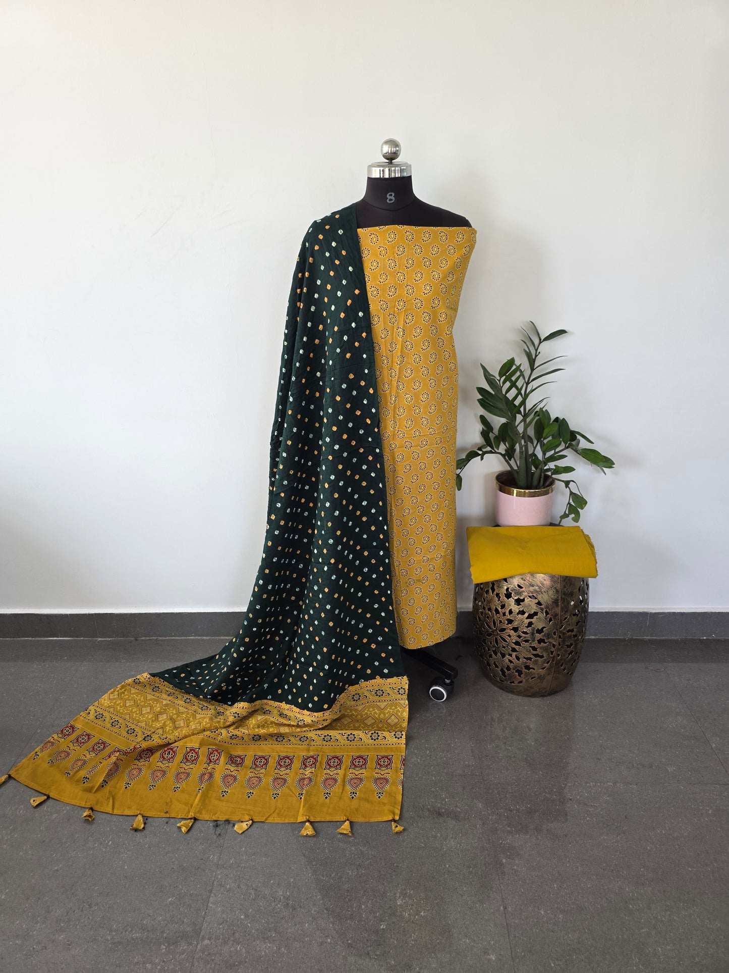 Premium ajrakh cotton top with pure bandhani cotton shawl - AB15